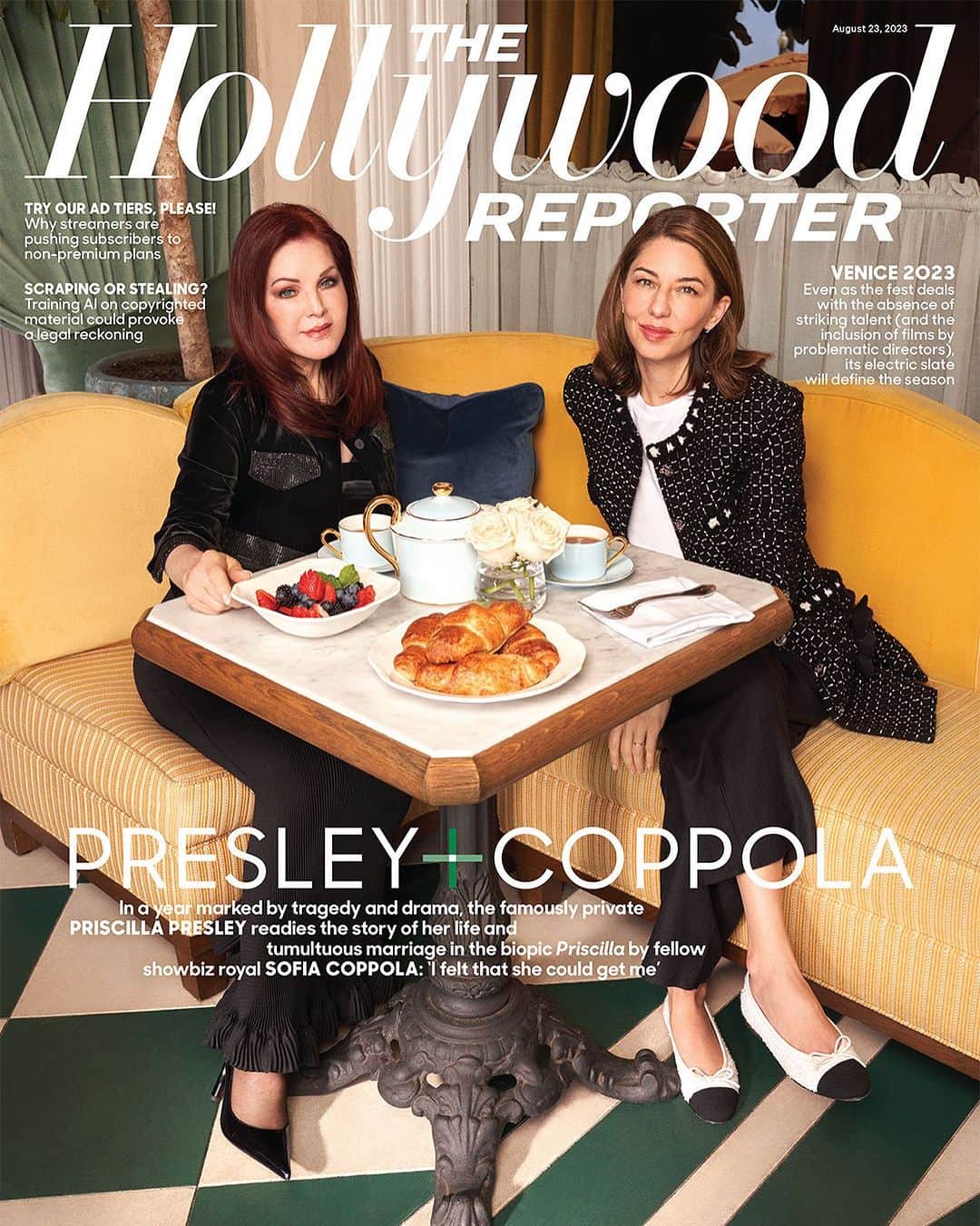 ハリウッド・リポーターのインスタグラム：「Presley 🤝 Coppola.  In a year marked by personal tragedy and estate drama, Elvis’ famously private ex-wife debuts ‘Priscilla,’ a portrait of her tumultuous marriage directed by fellow showbiz royal Sofia Coppola. Read the full cover feature at the link in THR’s bio.   Photographed by Melodie McDaniel @melodiemcdaniel  Styling: Studio& @studioand Tailor: Orazio Fortunato Presley hair: Deena O’Hara Lewis Presley makeup: Mouna Forde @mounafordemakeup  Coppola hair: Cervando Maldonado @cervandohair Coppola makeup: Jillian Dempsey @jilliandempsey Location: The Georgian Hotel in Santa Monica @thegeorgian」