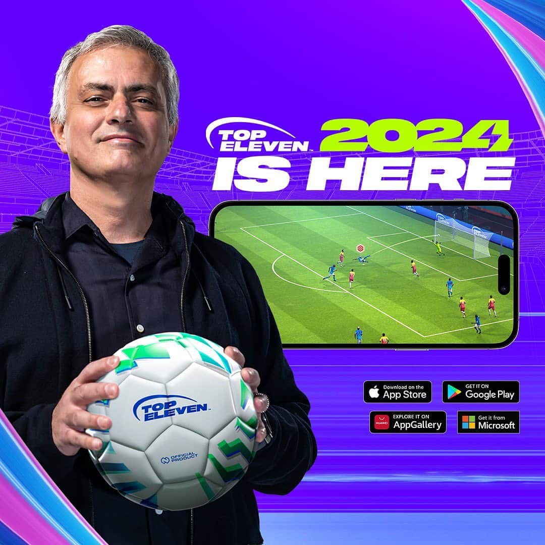ジョゼ・モウリーニョのインスタグラム：「Top Eleven 2024 is here with a supercharged 3D Live Match! Manage your own football club along with me and let’s go for trophies! Play now for free. #ad」