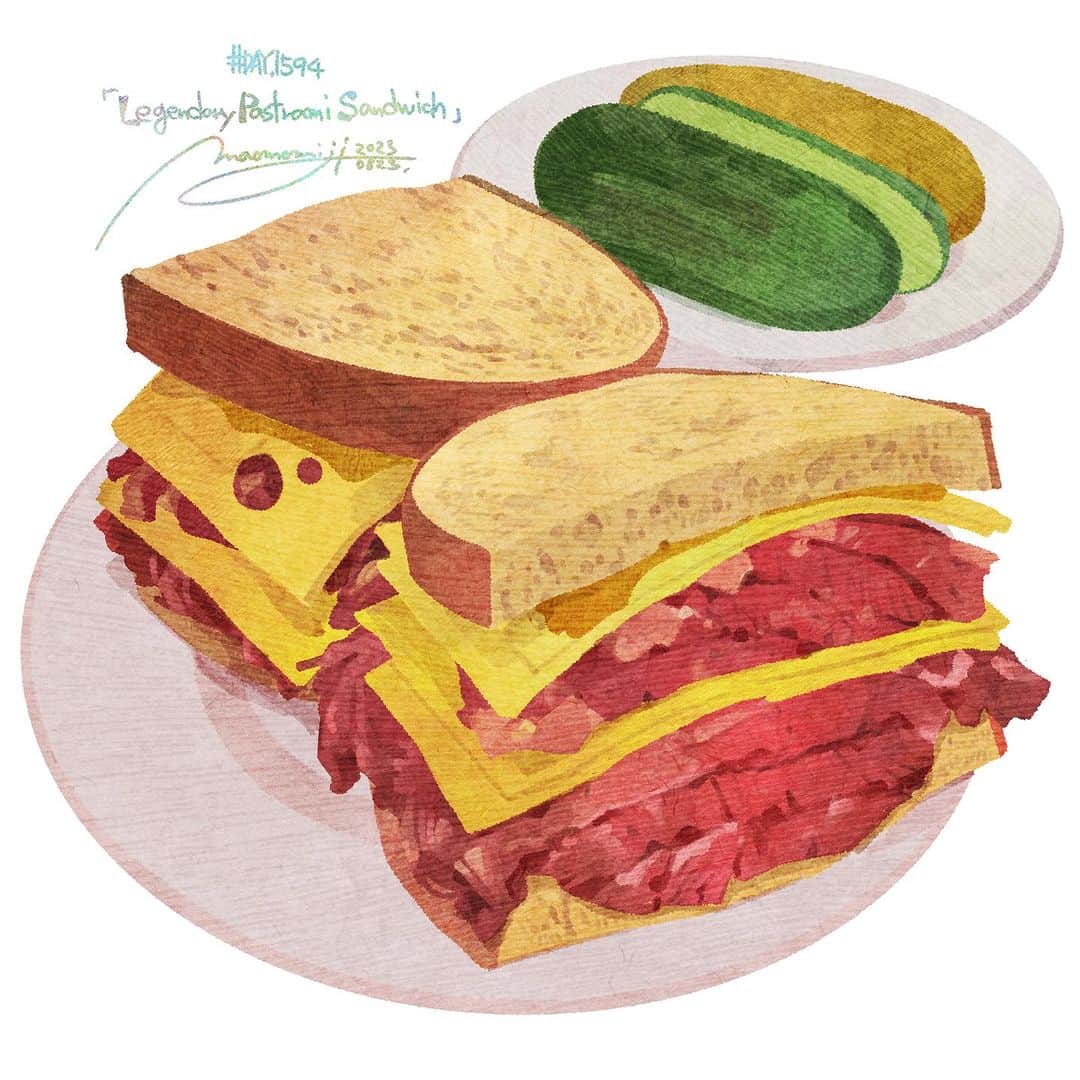 もみじ真魚のインスタグラム：「『#1594/「Legendary Pastrami Sandwich(1)」』  もみじ真魚/MaoMomiji 2023年8月23日 23:36  "The most impressive sandwich in NY!" It will be the turn to write down the impressions I ate in America. The first is a pastrami sandwich from Katz's Delicatessen. Overwhelming amount of meat and quality of juicy and soft pastrami. It's a gem that I can't talk about NY without, and I'll spend three days drawing it. I'm looking forward to it.  「NYで一番インプレッシブなサンドイッチ！」 アメリカで食べた感動を書き記していくターンになります。第一弾は「カッツデリカテッセン」のパストラミサンドです。圧倒的肉の量、そしてジューシーで柔らかいパストラミの質。これなくしてNYは語れない逸品です、3日間かけて描いていこうと思います。楽しみだあ。  #日刊ごはんが好き #foodie #foodieart #dailyilovefood  #毎日更新 #foodillustration #fooddrawing #もみじ真魚 #maomomiji #飯テロ #美食 #katzdelicatessen #pastramisandwich」