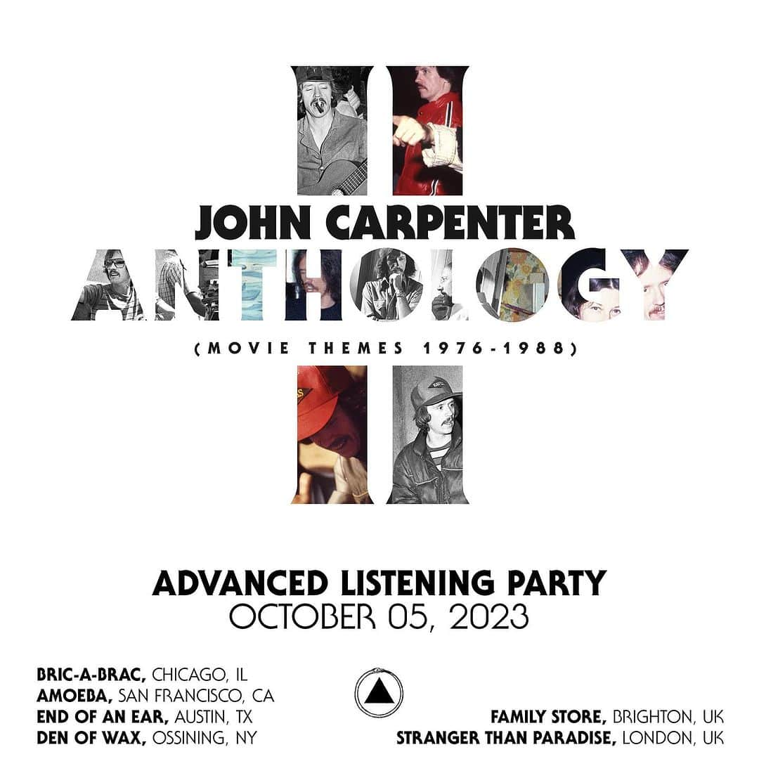 ジョン・カーペンターのインスタグラム：「🎃 in celebration of the release of Anthology II : We have a special series of listening parties planned at a some of your local participating record stores! Listen to and grab a copy of the record a day early, leave with some free swag, and enter a raffle contest for a chance to win a deluxe prize package including a signed copy of Anthology Vol. II 🎃🔪」