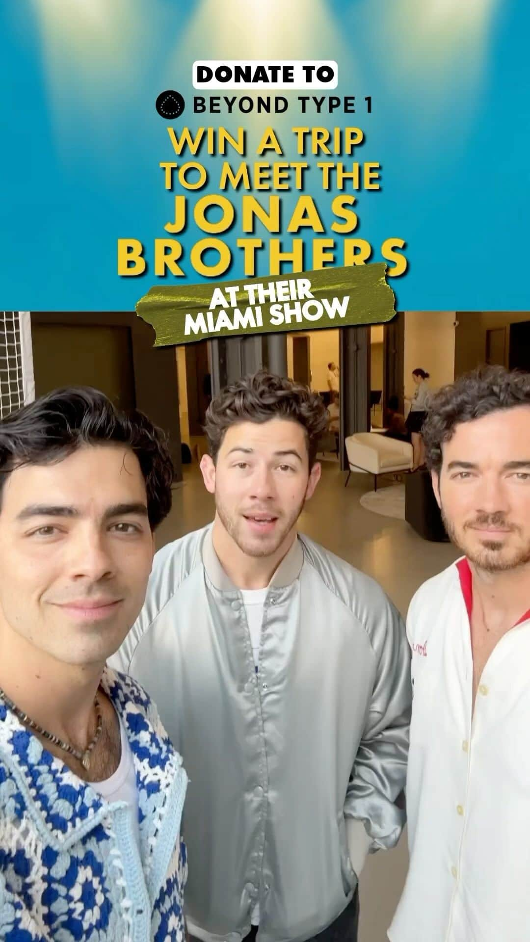 ニック・ジョナスのインスタグラム：「Win a trip to meet us at our show in Miami and watch our show from side stage!   We’re going to fly one lucky winner and guest to Miami with artist guest passes for our show on Oct 14 with early entry and side stage viewing plus a 3-night hotel stay, spending money and more.  Donate To Win to support @beyondtype1 and help unite the global diabetes community to provide solutions and improve lives at: fandiem.com/jonasbrothers or with link in bio!」