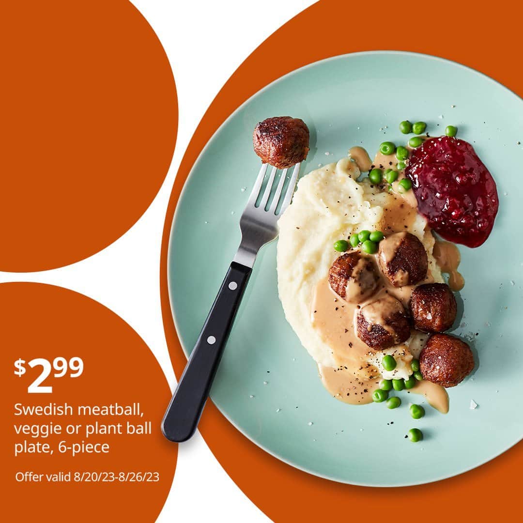 のインスタグラム：「Celebrate #NationalMeatballDay all week at your local IKEA store with a 6-piece Swedish meatball, veggie or plant ball plate for only $2.99. Hurry, this new menu item is only available until 8/26/23! Learn more at link in bio.」