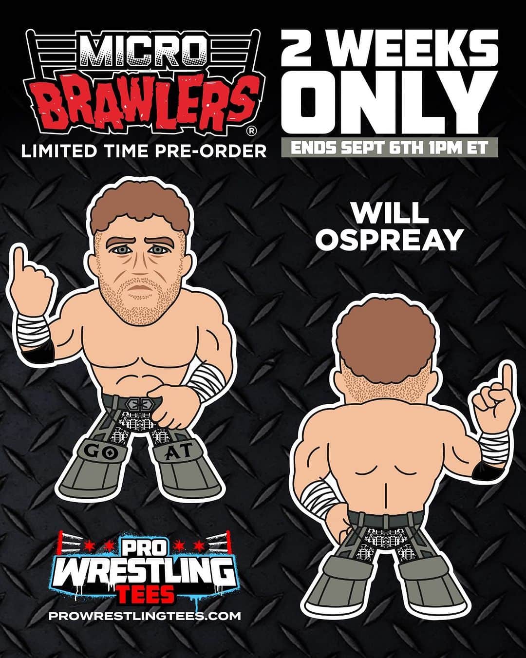 ウィル・オスプレイのインスタグラム：「Pre-Order 1Hr away!  Will Ospreay Micro Brawler for 2 weeks only! Ends 9/6 at 1PM ET! Get it today when it goes up- https://pwtees.co/3E50Wg6 @willospreay  #willospreay #microbrawler #pwtees #prowrestlingtees」