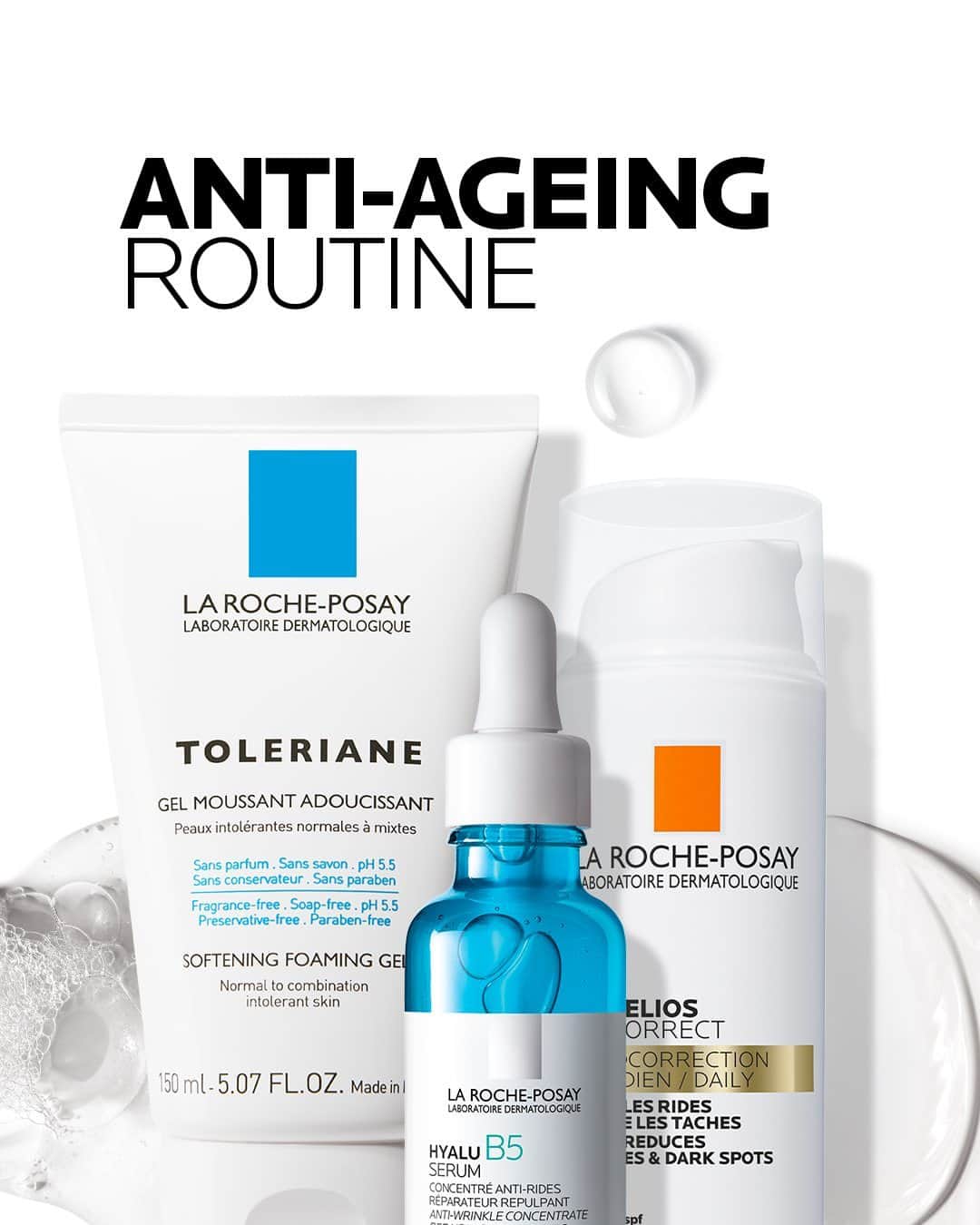 La Roche-Posayのインスタグラム：「Did you know that the sun is a leading cause of premature aging? And that, dehydration can exacerbate the appearance of fine lines and wrinkles? That's why summer is the ideal time to enhance your anti-aging routine. Here's a 3-step ritual to rejuvenate your skin as the sun shines and the air dehydrates:   🛁 Toleriane Foaming Gel Cleanser to gently wash skin and remove make-up. 💧 Hyalu b5 hyaluronic acid serum to intensely hydrate and replump ageing skin. ☀️ Anthelios Age Correct SPF 50+ to protect and correct signs of ageing.   So, let's embrace the present moment with confidence! Safeguard your skin against ageing signs while enjoying sun-filled days to the fullest.  All languages spoken here! Feel free to talk to us at anytime. #larocheposay #toleriane #hyalub5 #anthelios #antiageing #summeroutine Global official page from La Roche-Posay, France.」