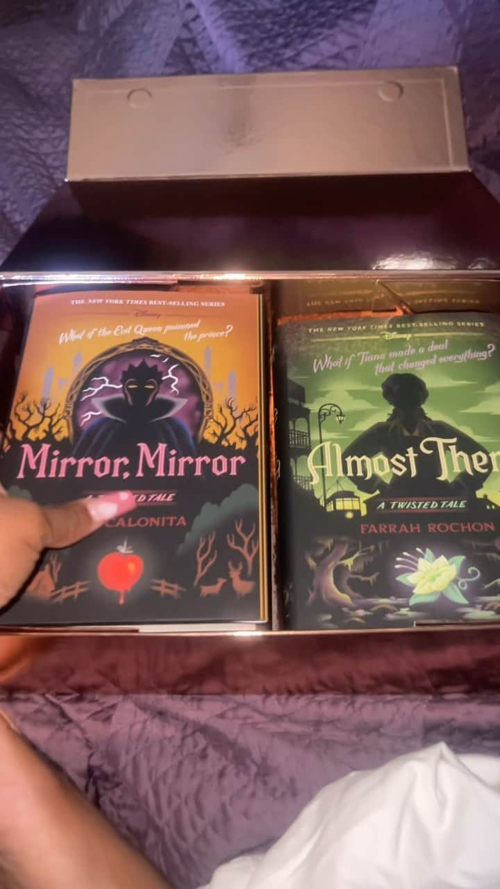 アンバー・ライリーのインスタグラム：「I had to share with you guys my FAVORITE anniversary gift. My grandmother started my love for reading and books. She used to take me to the library once a week to help people (adults and kids) learn to read. As I got older, my love for reading ignited my love for acting. I found myself picking a character and writing and performing full scenes in the mirror or in my room alone. It wasn’t always peaceful in my home so reading became my way to escape. Judging by this video, I bet you can guess my favorite book genre 😅 So needless to say, when I opened this box, my draw dropped and I glitched. I thought it was a pair of shoes or a bag, but BOOKS?!? IN LOVE! I’m gonna find the Instagram page for y’all, because I feel like my followers like the same stuff I do lol which one should we read first? Are we starting an insta book club?!!!? 😝  Edit: you can find them at @disneybooks」