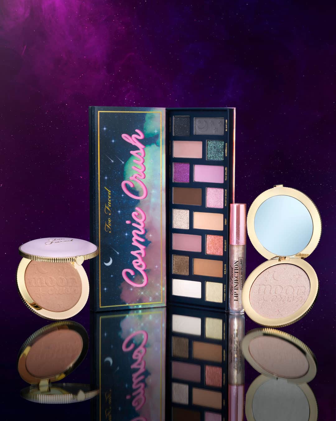 Too Facedのインスタグラム：「obsessed with these futuristic finishes and cosmic color! 😍 If you could only grab one product from our NEW Cosmic Crush Collection which one are you grabbing?! 👇✨  🌙 Moon Crush Highlighters ✨ Lip Injection Maximum Plump shade Cosmic Crush  🚀 Cosmic Crush Eye Shadow Palette   #toofaced #tfcrueltyfree #toofacedlipinjection」