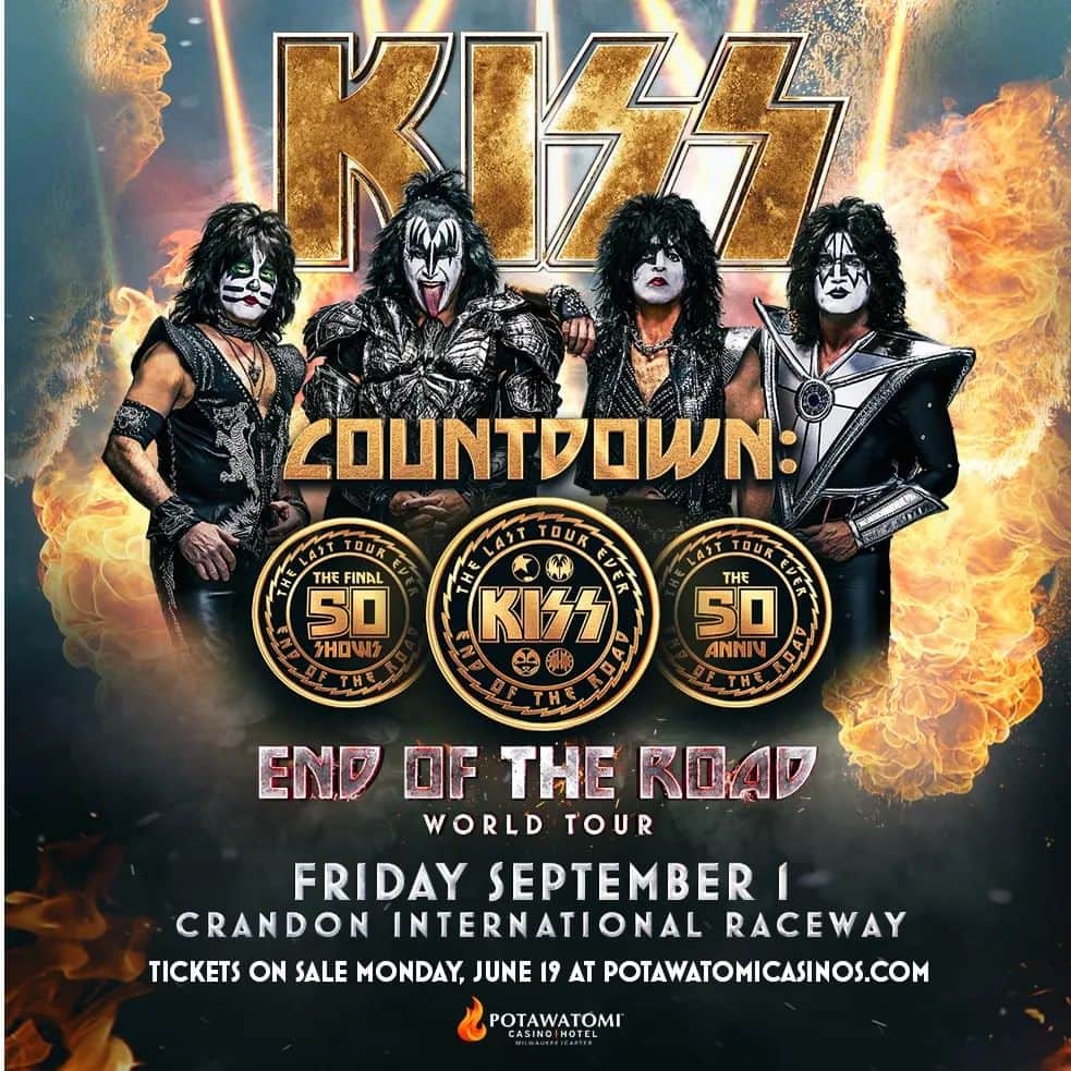 KISSのインスタグラム：「The #EndOfTheRoadTour invades Crandon International Raceway on Friday, September 1st! See you there, #KISSARMY #Wisconsin. cartercasino.com/events/kiss」