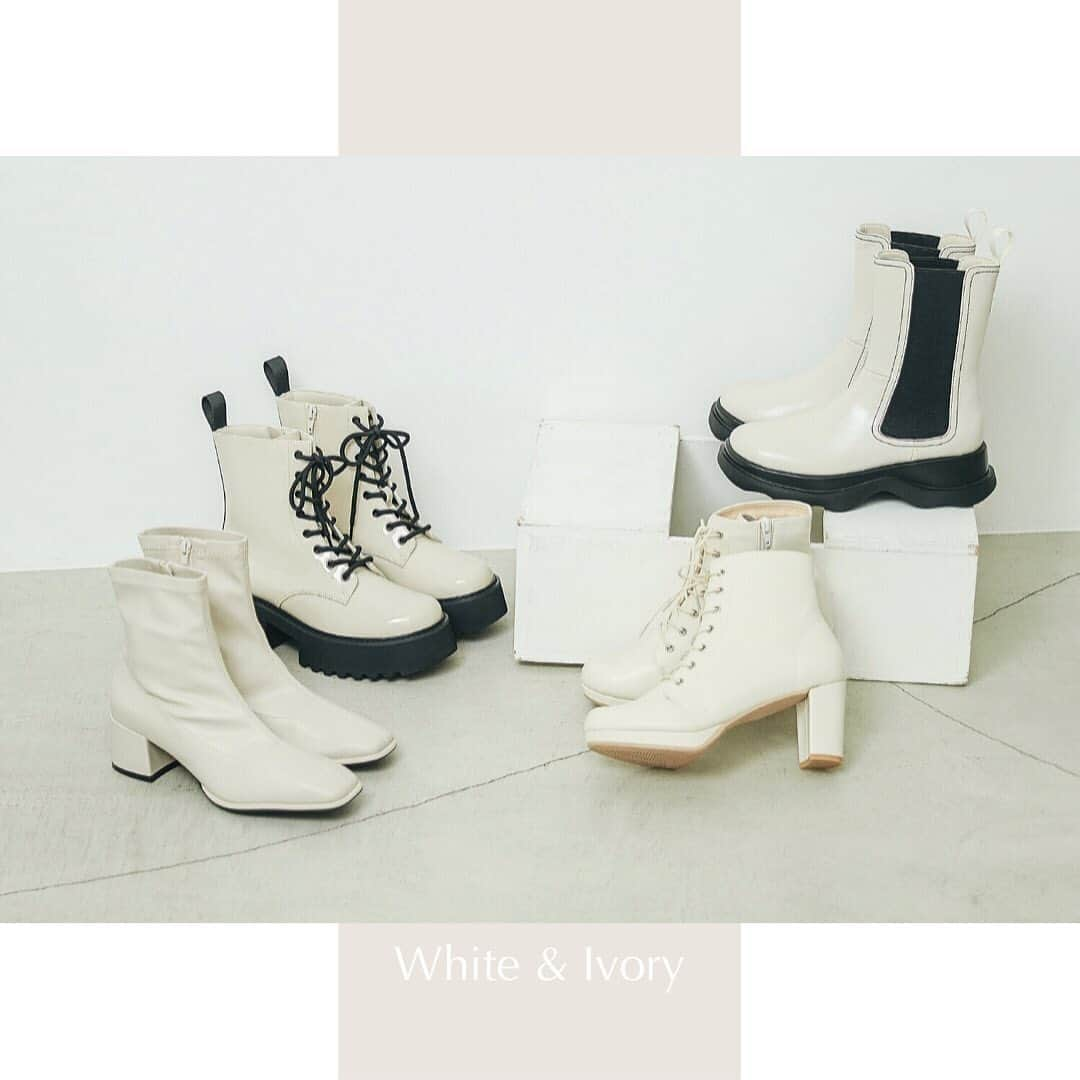 エスペランサ公式のインスタグラム：「White & Ivory  ・ ・ 左…スクエアトゥストレッチショートブーツ ¥9,900(税込) 左中…レースアップレインブーツ ¥12,980(税込) 右中…アーモンドトゥレースアップ厚底ショートブーツ ¥12,980(税込) 右…Coming soon  ▷ 画像をスワイプして他のお写真をチェック✔︎ ・ ・ #エスペランサ  #秋の新作  #カジュアルスタイル #ショートブーツコーデ #ショートブーツ #レースアップブーツ #編み上げブーツ #サイドゴアブーツ #ローファーコーデ #ローファー女子 #レインブーツ #ストレッチブーツ  #トラックソール #トラックソールブーツ」