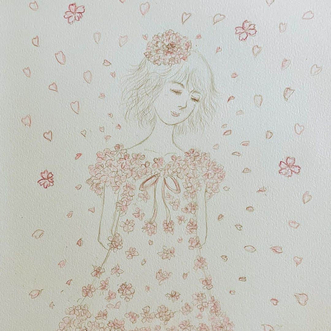 makiのインスタグラム：「🌸 桜が大好きな あのひとへ 思いを込めて 桜いっぱいのワンピース  お会いしたことないから 勝手なイメージで 描きました  願いとどきますように」