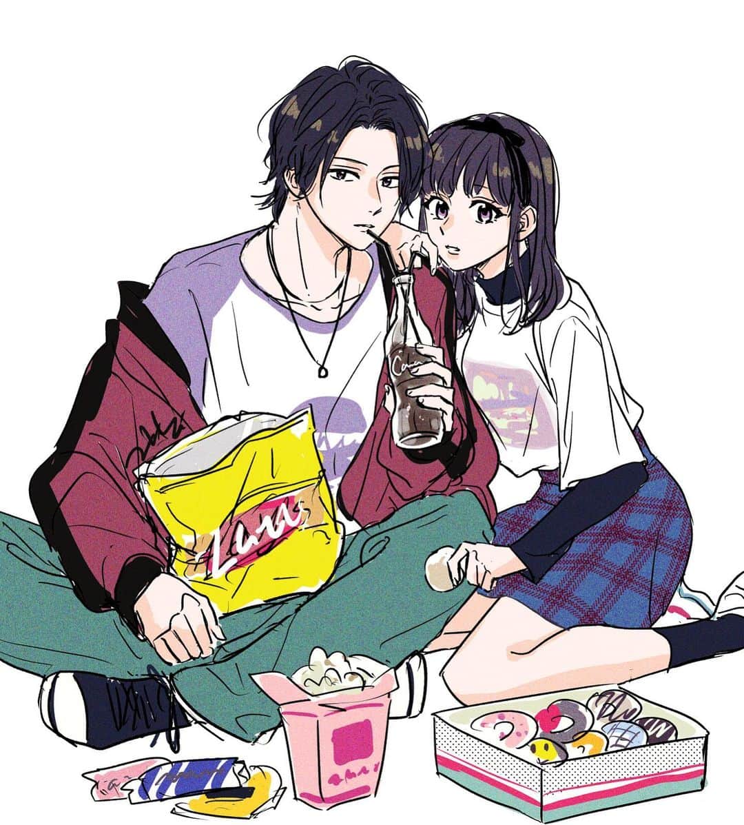 あなしんのインスタグラム：「デザート10月号表紙のラフです。 2枚目が採用になりました。 表紙のコンセプトや服装は担当さんとデザイナーさんが考えてくださって、 さらに色々アドバイスもくれます。 今回はアメリカンポップテイストということでした🙌  3枚目は巻頭カラーのデザイン付きバージョン。 気づいてくれてる方もいましたが、 各キャラの背景は伊織伊吹愛莉が渋谷宮下公園辺り、 瀬野優貴は代官山付近です✨  コメントや17話の感想、めっちゃ元気出ました😭✨ ありがとうございます🙏🙇‍♀️」