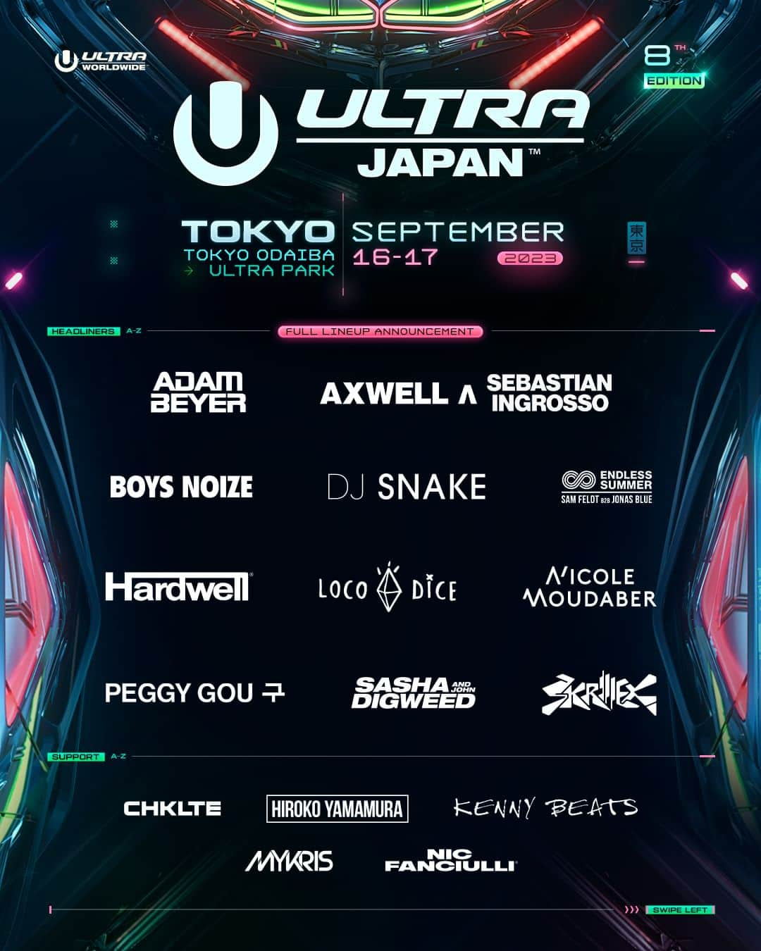 Ultra Japanさんのインスタグラム写真 - (Ultra JapanInstagram)「ULTRA JAPAN 2023 フルラインナップ発表!!!🔥 そして、日割りスケジュールも併せて発表!!🙌💥 パワーアップしたメインステージと、 今年復活したRESISTANCEを彩る、 過去最高級のアーティストに逢いに行こう！🎶🔥  ⚡1 DAY TICKET好評発売!! >> @ultrajapan   The full lineup has been announced!🔥 And the daily timetable has been announced as well!🙌💥  The main stage has been powered up, while the RESISTANCE has been revived this year! Come and see the finest artists ever to grace our stages at this year's revived ULTRA JAPAN!🎶🔥  ⚡TICKETS ON SALE NOW >> @ultrajapan  Featuring — ■DAY 1（9.16 SAT） 【ULTRA MAIN STAGE】 ・ @djsnake  ・Axwell Λ Sebastian Ingrosso  @axwell  @sebastianingrosso  ・ @hardwell  ・Endless Summer  @samfeldt  @jonasblue  ・ @djmykris  ・TYT  @djtora_jpn  @djyaksa  @tjo_dj  ・ @arescarter  ・ @kiyoto__jpn ・ @djmii_m  【RESISTANCE】 ・ @realadambeyer  ・ @nicolemoudaber  ・ @hiroko__yamamura ・ @chklte  ・ @drunkenkong  ・ @cartoon_catn  ・ @mihonojp   ■DAY 2（9.17 SUN） 【ULTRA MAIN STAGE】 ・ @skrillex  ・ @peggygou_ ・ @boysnoize  ・ @kennybeats  ・ Bopcorn  @george808_2wasted  @aspenlaws_nasa  ・ @kdhsound  ・ @dj__aoy ・ @jeonghyeonmusic  ・ @aki_hiromusic   【RESISTANCE】 ・ @locodiceofc  ・Sasha & Digweed  @djsashaofficial  @djjohndigweed  ・ @nicfanciulli  ・ @takkyuishino  ・ @djosamum  ・ @licaxxx1  ・ @daljaemusic   #ultrajapan #ultrajapan2023 #ウルトラジャパン #ResistanceTokyo」8月24日 17時00分 - ultrajapan