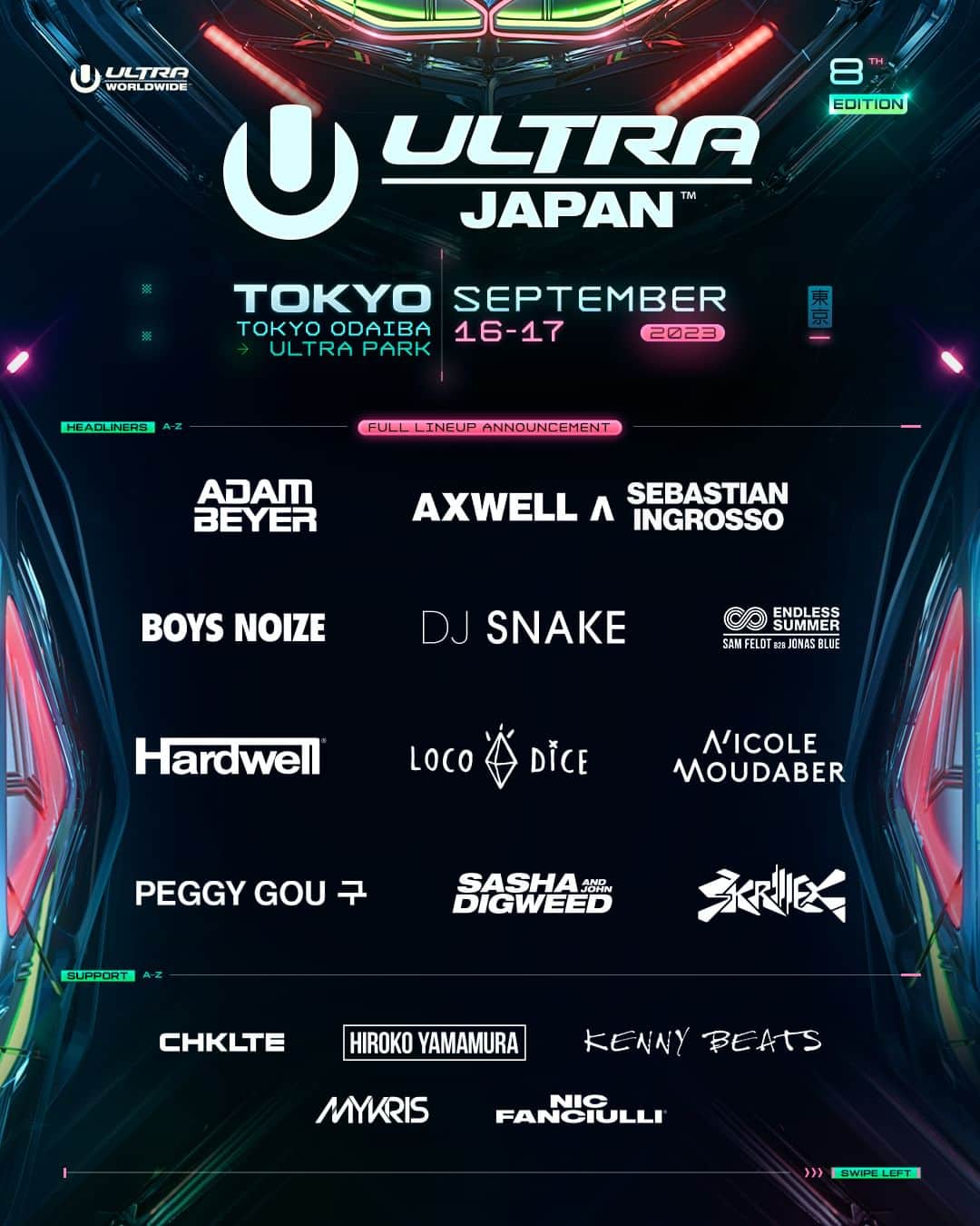 Ultra Japanのインスタグラム：「ULTRA JAPAN 2023 フルラインナップ発表!!!🔥 そして、日割りスケジュールも併せて発表!!🙌💥 パワーアップしたメインステージと、 今年復活したRESISTANCEを彩る、 過去最高級のアーティストに逢いに行こう！🎶🔥  ⚡1 DAY TICKET好評発売!! >> @ultrajapan   The full lineup has been announced!🔥 And the daily timetable has been announced as well!🙌💥  The main stage has been powered up, while the RESISTANCE has been revived this year! Come and see the finest artists ever to grace our stages at this year's revived ULTRA JAPAN!🎶🔥  ⚡TICKETS ON SALE NOW >> @ultrajapan  Featuring — ■DAY 1（9.16 SAT） 【ULTRA MAIN STAGE】 ・ @djsnake  ・Axwell Λ Sebastian Ingrosso  @axwell  @sebastianingrosso  ・ @hardwell  ・Endless Summer  @samfeldt  @jonasblue  ・ @djmykris  ・TYT  @djtora_jpn  @djyaksa  @tjo_dj  ・ @arescarter  ・ @kiyoto__jpn ・ @djmii_m  【RESISTANCE】 ・ @realadambeyer  ・ @nicolemoudaber  ・ @hiroko__yamamura ・ @chklte  ・ @drunkenkong  ・ @cartoon_catn  ・ @mihonojp   ■DAY 2（9.17 SUN） 【ULTRA MAIN STAGE】 ・ @skrillex  ・ @peggygou_ ・ @boysnoize  ・ @kennybeats  ・ Bopcorn  @george808_2wasted  @aspenlaws_nasa  ・ @kdhsound  ・ @dj__aoy ・ @jeonghyeonmusic  ・ @aki_hiromusic   【RESISTANCE】 ・ @locodiceofc  ・Sasha & Digweed  @djsashaofficial  @djjohndigweed  ・ @nicfanciulli  ・ @takkyuishino  ・ @djosamum  ・ @licaxxx1  ・ @daljaemusic   #ultrajapan #ultrajapan2023 #ウルトラジャパン #ResistanceTokyo」