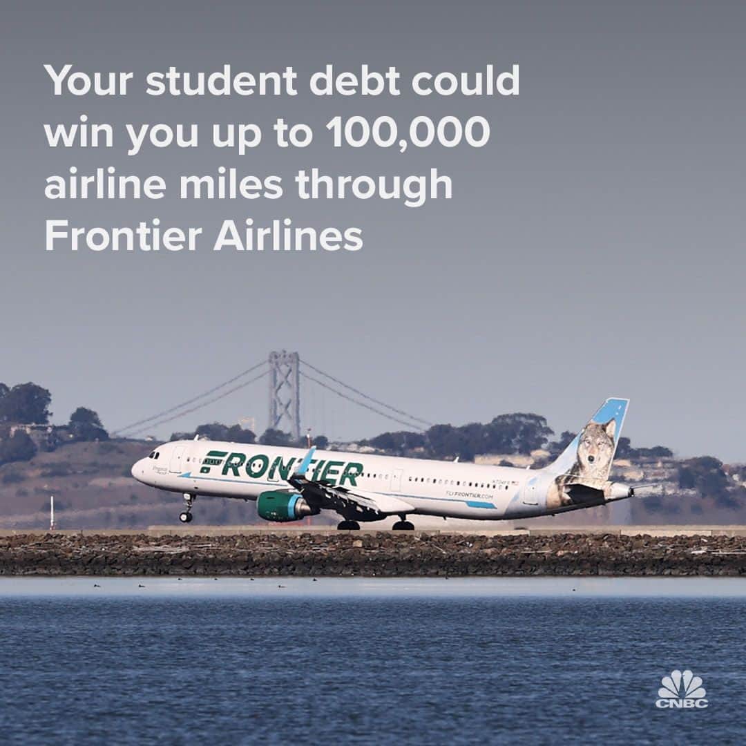 CNBCのインスタグラム：「For once, having a high student debt balance could be a good thing.  Tell Frontier Airlines how much you owe in student loans and you could be one of 100 winners who will receive an airline mile for every dollar you owe, up to 100,000 miles. Find out how to apply for the sweepstakes, at the link in bio. (via @CNBCMakeIt)」