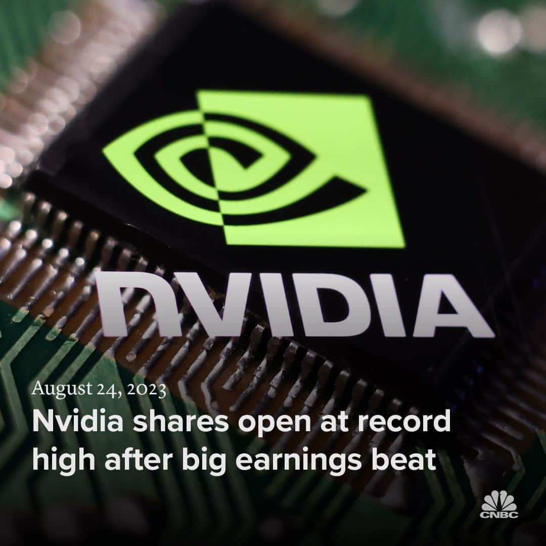 CNBCのインスタグラム：「Shares of chipmaker Nvidia rose 5% in Thursday morning trading, after the company reported a beat on the top and bottom lines and offered strong guidance for the upcoming quarter.  Nvidia stock opened at a fresh 52-week high, having increased more than 220% year-to-date. The company has also been sitting comfortably in the $1 trillion market cap club for the last few weeks.  Details on Nvidia’s earnings report at the link in bio.」