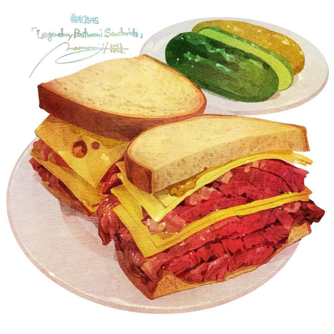 もみじ真魚のインスタグラム：「『#1595/「Legendary Pastrami Sandwich(2)」』  もみじ真魚/MaoMomiji 2023年8月25日 00:27  "I will put my love into the meat steadily." It's the second day of drawing, and the shape has solidified a lot, so I started drawing in the details. I'm not feeling well, so it might take four days. Even so, I will do my best to draw with love for my favorite meal!  「コツコツお肉に愛情込めていきます」 作画二日目です、形はだいぶ固まってきたので細部の描きこみを始めました。少し体調が優れないので、もしかしたら４日かかっちゃうかもしれません。それでも好きな食事の為に愛情込めて頑張って描いていきますよ！  #日刊ごはんが好き #foodie #foodieart #dailyilovefood  #毎日更新 #foodillustration #fooddrawing #もみじ真魚 #maomomiji #飯テロ #美食 #pastrami #katzdelicatessen」