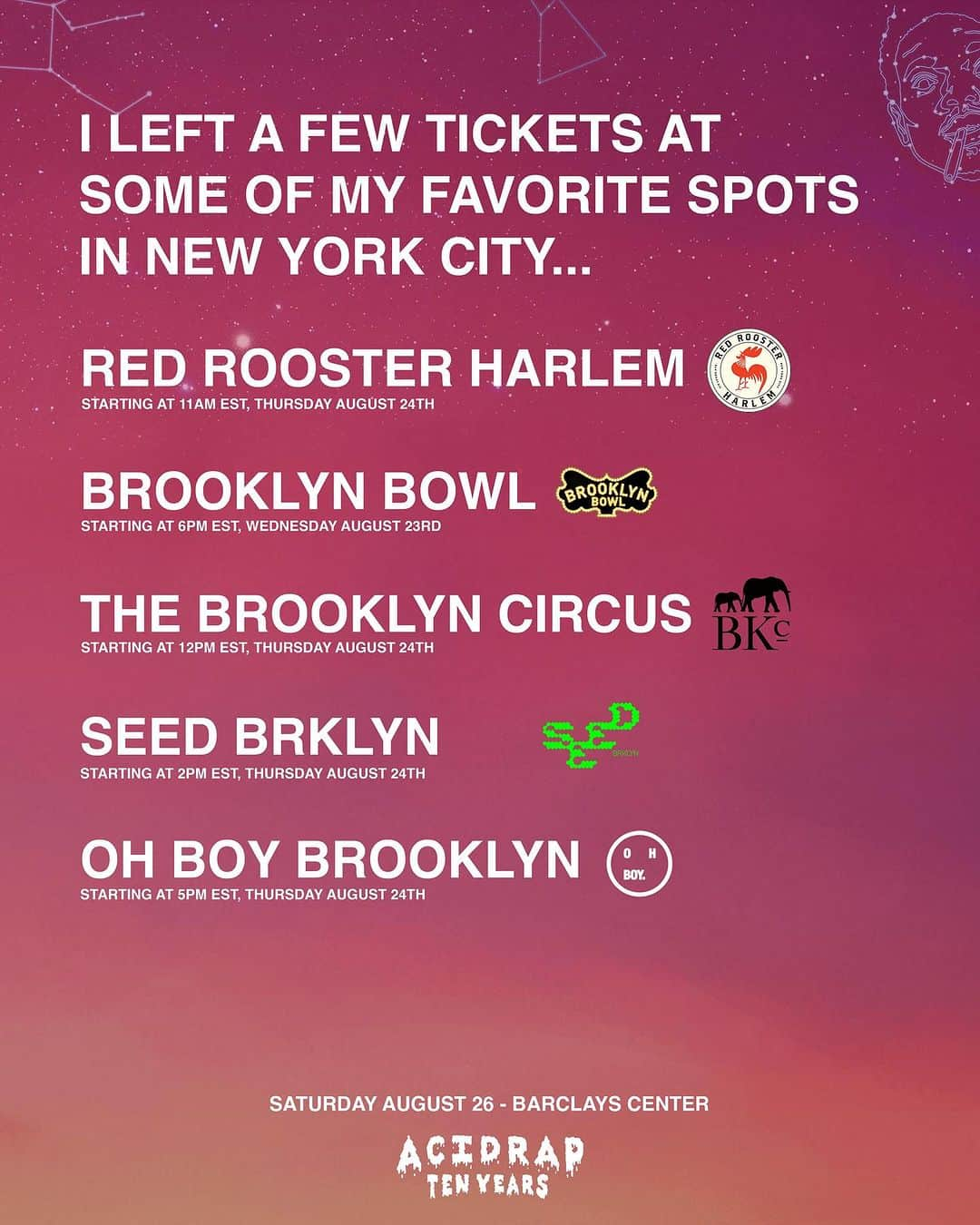 チャンス・ザ・ラッパーのインスタグラム：「New Yorkkkkkkkk! I’ve got a surprise for you. Here’s a list of a few of my favorite Indie spots in NYC. There are 10 pairs of Acid Rap tix at each location for my show at Barclays Center this Saturday. They are on a first-come, first-serve basis. One pair of tickets per person, per family. Make sure to support when you go grab the tickets and please be respectful of the businesses. When you get your tickets, tag me so I can see them! #ACIDRAP10  @roosterharlem and @brooklynbowl bowl are out of tickets but you can still go to @seedbrklyn , @ohboy.bk and @thebkcircus today!」