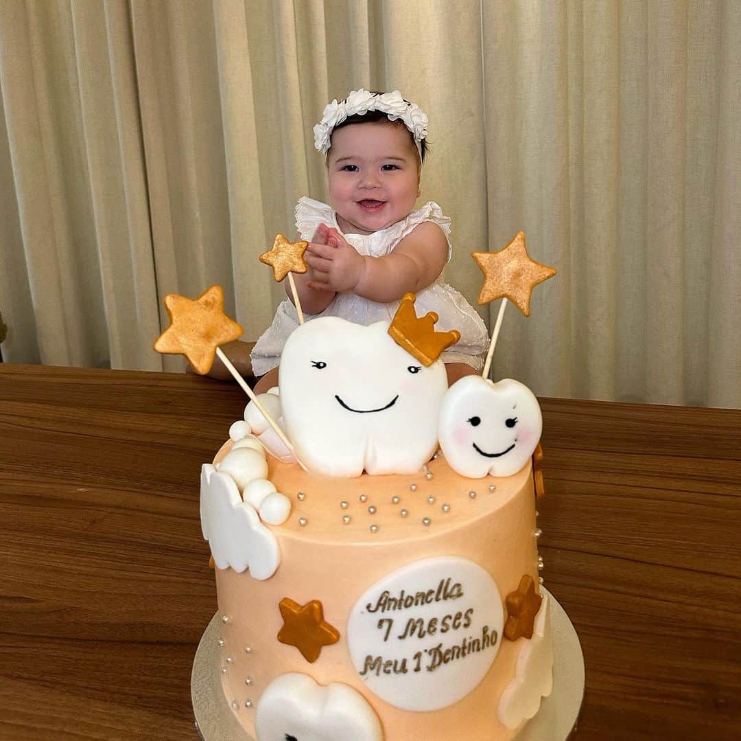アレックス・ニコラオ・テレスのインスタグラム：「Atrasados, mas o importante é comemorarmos juntos! 7 meses do nosso amor que está crescendo tão rápido… já tem dentinhos! 🥰 te amamos tanto, tanto! 🤍」