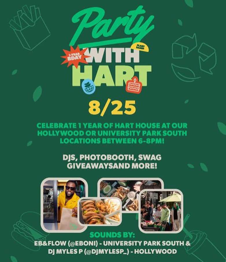 ケビン・ハートのインスタグラム：「Can you believe @myharthouse turns one year old this Friday?!?! It’s been an amazing year and we’re celebrating big time.   Pop by ANY location for a free cookie and collectible note and join us from 6-8PM at Hart House Hollywood or Hart House University Park South for Events featuring DJ's, photobooths, and to be the first to try our brand new limited edition House Party Shakes and more!  @myharthouse has all the details #PartyWithHart #EatYourHartOut」