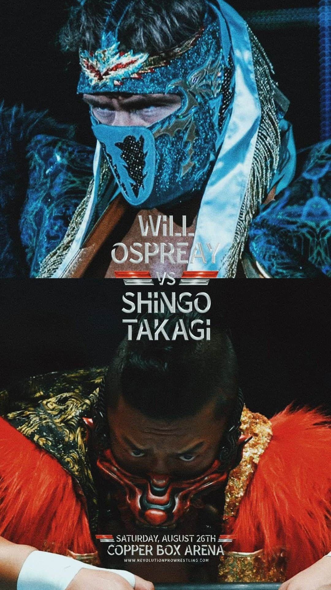 ウィル・オスプレイのインスタグラム：「“WILL OSPREAY vs SHINGO”   🐐🐉 @revprouk 11th ANNIVERSARY  Saturday - Copper Box Arena @willospreay will face @takagi__shingo in the main event.  #RevPro #WillOspreay #London #ALLIN    🎟️: revolutionprowrestling.com/11yas 🎸: One By Metallica」