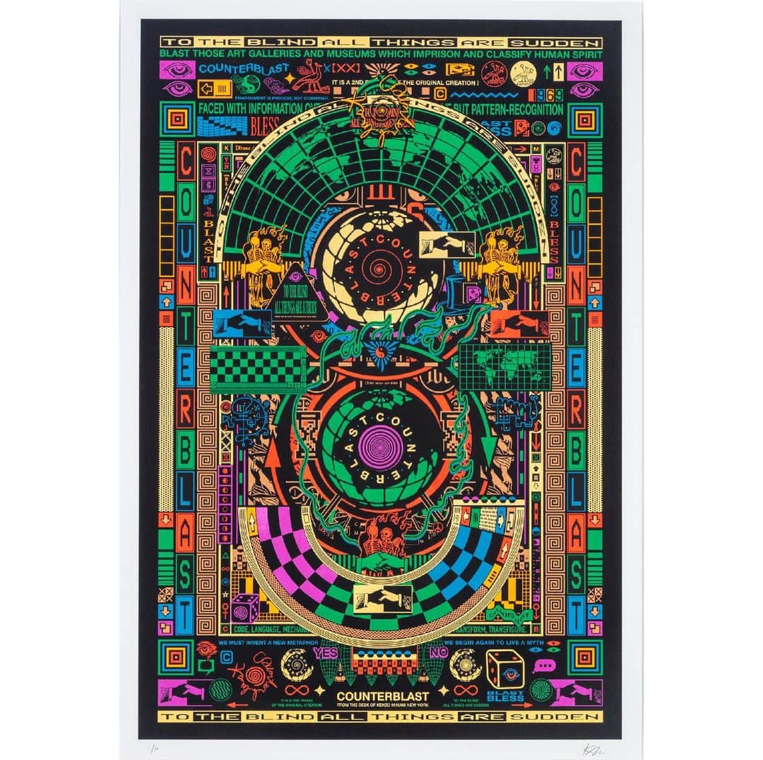 ケンゾーミナミのインスタグラム：「I am excited to release new silkscreen prints with @kingslandeditions. (Link in bio and below.) We have worked on a few projects together over the years and are very excited to publish our first edition. This print is inspired by the book “Counterblast” by Marshall McLuhan as well as by color scheme of art noveau architectures and designs.  This print also will be presented at this year’s ART ON PAPER @artmarketproductions Sep 7-10 at @pier36nyc during New York Art Week.  Kenzo Minami  “Counterblast (Art Noveau)” 2023 8 color hand pulled screenprint on Coventry Rag. 26” x 38” Limited Edition 10 qty  www.kingslandeditions.com/arteditions/kenzo-minami-counterblast-art-nouveau  #kenzominami #kingslandeditions #artonpaper #limitededitionprint #screenprinting #artonpapernyc #artonpaper2023」