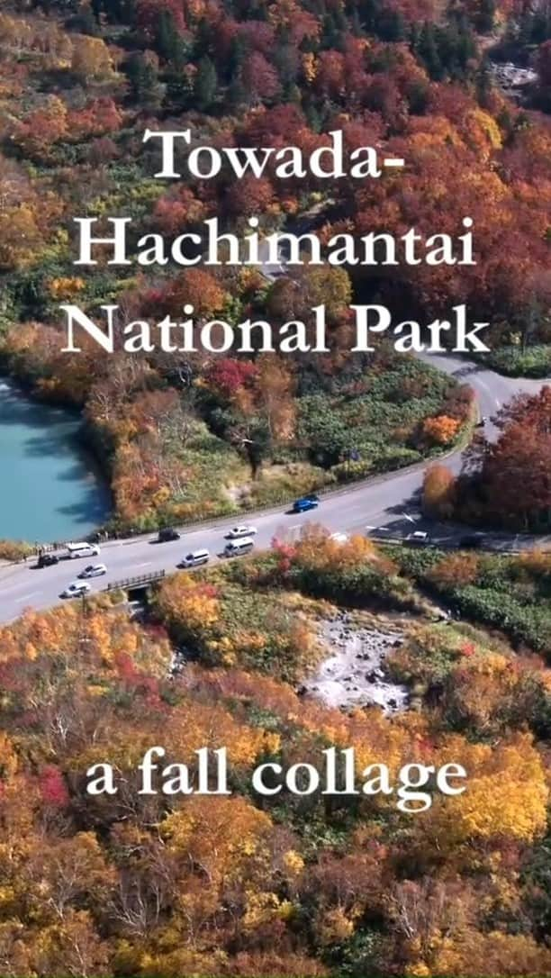 日本の国立公園のインスタグラム：「Towada-Hachimantai National Park  The blue of the lake, the orange of the trees, and the white of the steam provide the palette for a gorgeous autumnal collage.   Show your admiration for autumn with a 🍁」