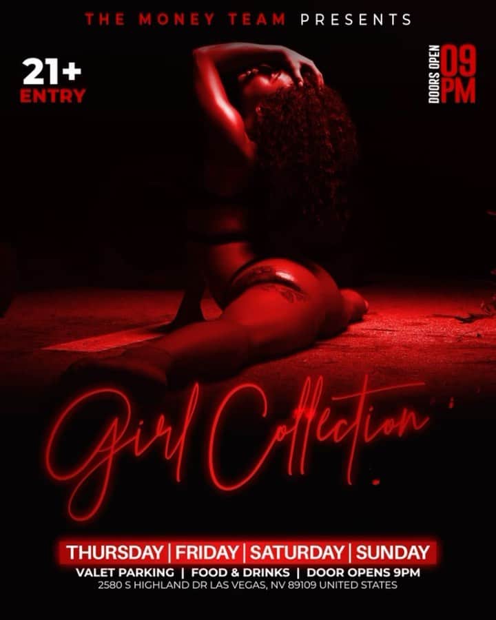 フロイド・メイウェザー・ジュニアのインスタグラム：「GIRL COLLECTION IS THE PLACE TO BE IN VEGAS ALL WEEKEND LONG  DOOR OPENS @ 9:00pm   •THURSDAY •FRIDAY •SATURDAY •SUNDAY  Must be 21 To Enter.  Ladies are welcome with or without male companion.  Come party at the best most luxurious venue in Las Vegas “Girl Collection”  GIRL COLLECTION 2580 S Highland Dr Las Vegas, NV 89109 1 -(844) 447-5758  #GirlCollection  @girl.collection_lv」
