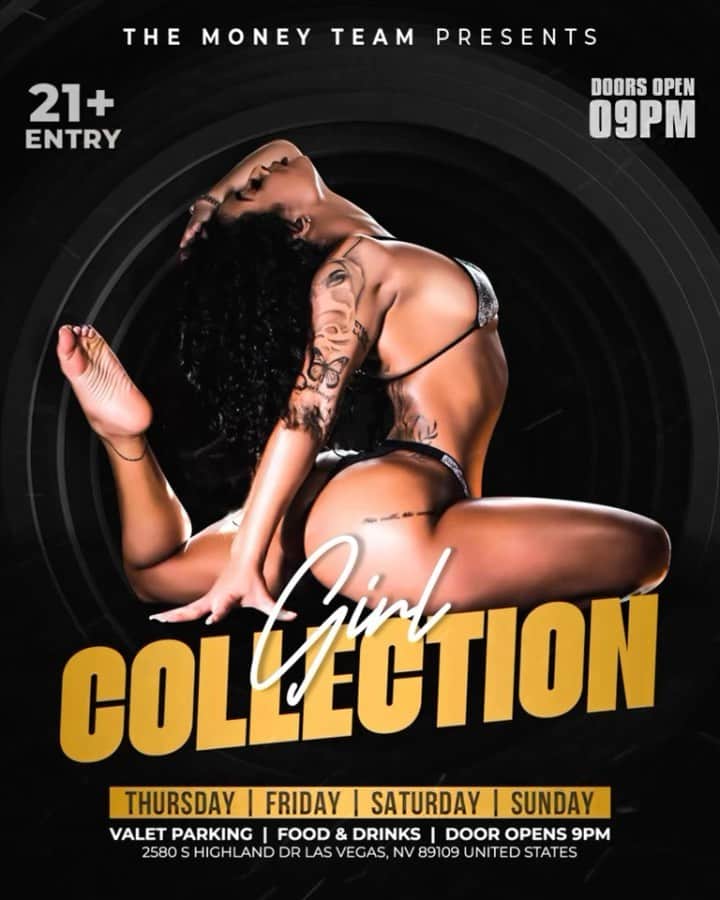 フロイド・メイウェザー・ジュニアのインスタグラム：「GIRL COLLECTION IS THE PLACE TO BE IN VEGAS ALL WEEKEND LONG  DOOR OPENS @ 9:00pm   •THURSDAY •FRIDAY •SATURDAY •SUNDAY  Must be 21 To Enter.  Ladies are welcome with or without male companion.  Come party at the best most luxurious venue in Las Vegas “Girl Collection”  GIRL COLLECTION 2580 S Highland Dr Las Vegas, NV 89109 1 -(844) 447-5758  #GirlCollection  @girl.collection_lv」
