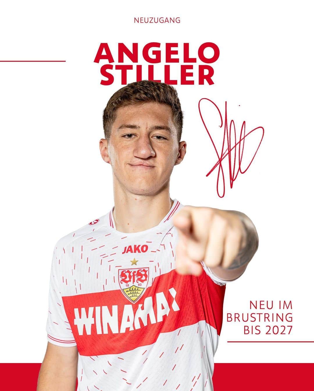 VfBシュトゥットガルトのインスタグラム：「Der VfB verpflichtet Angelo Stiller. Der 2️⃣2️⃣-jährige Mittelfeldspieler hat einen Vertrag bis 3️⃣0️⃣. Juni 2️⃣0️⃣2️⃣7️⃣ unterschrieben und erhält die Rückennummer 6️⃣. Herzlich willkommen, Angelo! ⚪️🔴 @angelo.stiller   🔗➡️ Link zur Meldung in der Story go.vfb.de/stiller27  - #vfb #neuzugang #welcome #vfbstuttgart #vfbstuttgart1893 #furchtlosundtreu #auscannstatt #VfBinsta」
