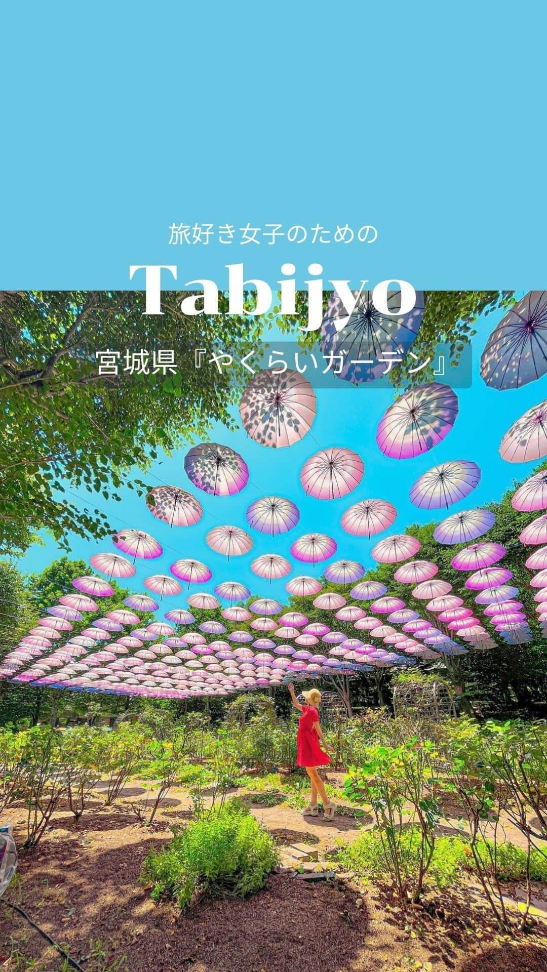 タビジョのインスタグラム：「他のスポットはここから👉@tabi_jyo  宮城県『やくらいガーデン』☂  本日の #タビジョ は ／ @kanaho_nishimura さんの投稿をシェア💛💙 ＼  ☻︎☻︎✈︎✈︎✈︎✈︎✈︎✈︎✈︎✈︎✈︎✈︎☻︎☻︎  本日は @kanaho_nishimura さんの 宮城県『やくらいガーデン』のリールをご紹介🥰 総面積15万平方メートル、400種類からなる 広大な庭園があるスポット🌼 傘イベント「アンブレラスカイ」は8/21で終了していますが、 10月からライトアップのイベントも開催されるそうなので ぜひ行ってみたいですね✨  ☻︎☻︎✈︎✈︎✈︎✈︎✈︎✈︎✈︎✈︎✈︎✈︎☻︎☻︎  @tabi_jyo アカウントでは旅先の新たな魅力を発信中✨ スポットや写真の撮り方の参考におすすめ💛 レポーター募集などはアカウントから配信しているよ👭 気になる方はフォローしてね🫶  #タビジョ #旅行 #tabijyo #海外旅行 #tabijyomap_Japan #国内旅行 #宮城県観光 #やくらいガーデン #アンブレラスカイ」