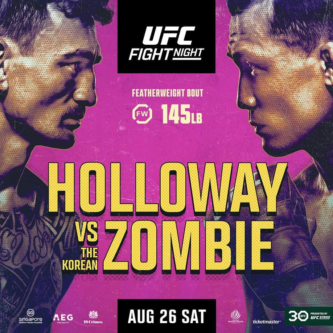 ユギョム のインスタグラム：「[정찬성 (Korean Zombie)]퐈이팅!!!!🔥🙏🙏🙏 UFC Singapore ⠀ 정찬성 (Korean Zombie) vs 할로웨이 (Holloway) ⠀ 내일 싱가폴에서 열리는 UFC 싱가폴의 헤드라인 경기, 정찬성의 대결에 여러분의 많은 응원과 관심 부탁드립니다. Korean Zombie VS Holloway on tomorrow in Singapore for the UFC Singapore headline event. ⠀ @koreanzombiemma #정찬성 #KoreanZombie @BlessedMMA #할로웨이 #Holloway @ufc #UFC #UFCSingapore #Roadtoufc #AOMG」