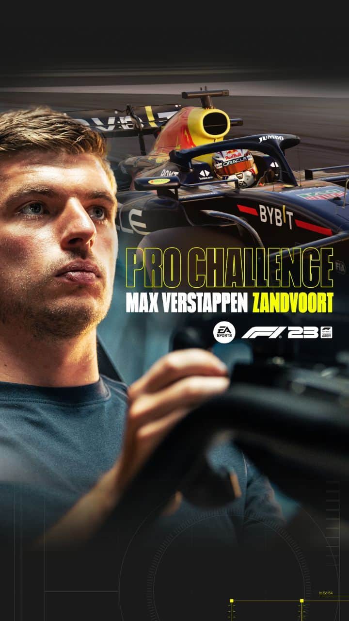 マックス・フェルスタッペンのインスタグラム：「Can you beat me on #F123? 😉  Introducing the first #ProChallenge in F1® World. I've laid down the gauntlet with a 1:10.621 lap at Circuit Zandvoort ⏱  Beat my time in the special event between Aug 29-Sep 4, and you'll unlock my in-game #DutchGP helmet 🦁  ▶ F1 World > Play > Solo & Multiplayer > Pro Challenge  #F123 is on sale right now for Xbox, PlayStation, and PC」