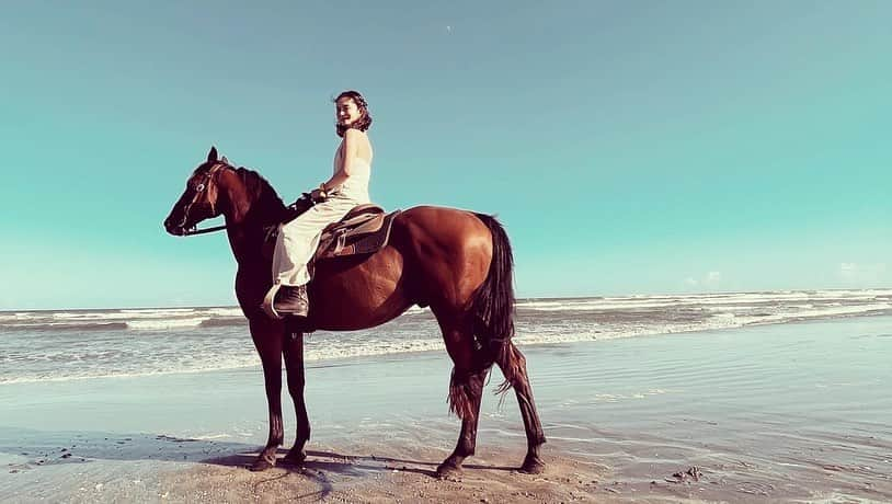 白澤貴子のインスタグラム：「B-day riding🐎  誕生日当日は心ゆくまでビーチを駆け抜けたくて、車を飛ばし九十九里へ。  Goproを手に持って片手で駈歩するのは初めてで、指が入っちゃったり騎乗姿勢が安定しなかったり色々と課題は残るけれど、程よい気温と天気に恵まれ、とにかく気持ちいいの一言につきる90分。  この笑っちゃうくらい満足そうな顔。 やはりNo horse no lifeだな。  #白澤と外乗 #_tahco_et_cheval #白澤と千葉県 #horsehacking」