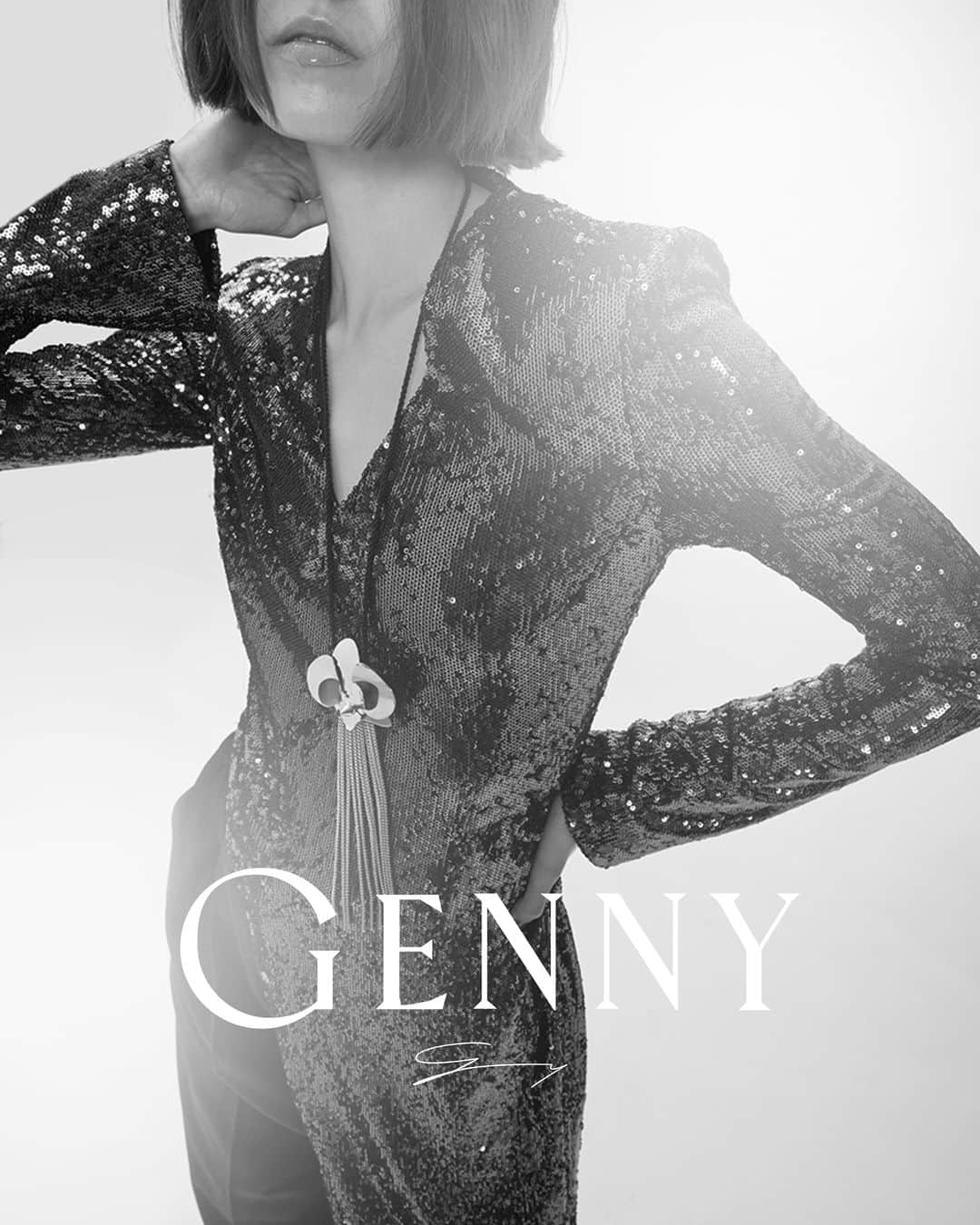 ジェニーのインスタグラム：「Live your vibrant fall evenings with a sparkling black look and allow your powerful personality to shine through.  Discover the new GENNY Fall collection in boutiques and online.  #Genny  #MadeinItaly  #FW23」