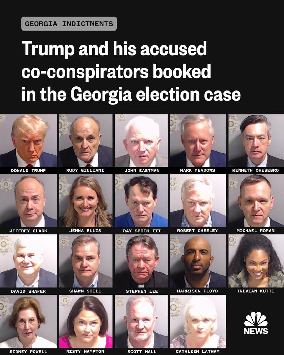 NBC Newsさんのインスタグラム写真 - (NBC NewsInstagram)「From the moment it was snapped in the Fulton County Jail on Thursday, Donald Trump's mug shot secured a place as an artifact of American history — a defiant-looking man, once one of the most powerful on Earth, now dour in a red tie and a blue suit before a drab backdrop and under the stark glow of a flashbulb.  Trump and his 18 co-defendants in the Georgia probe of alleged 2020 election interference have all met the Friday noon deadline to surrender at the Fulton County Jail.  Stephen Lee, a Lutheran pastor from Illinois, was the last defendant to turn himself in this morning.  The former president was arrested at the jail Thursday night on felony charges of conspiring to illegally overturn the results of the last presidential election in Georgia.  All co-defendants except Harrison Floyd, the former leader of Black Voices for Trump, were released on bond after they were booked.  Floyd, who did not negotiate his consent bond agreement ahead of his surrender, remained in jail overnight.  Read more at the link in bio.」8月26日 1時48分 - nbcnews