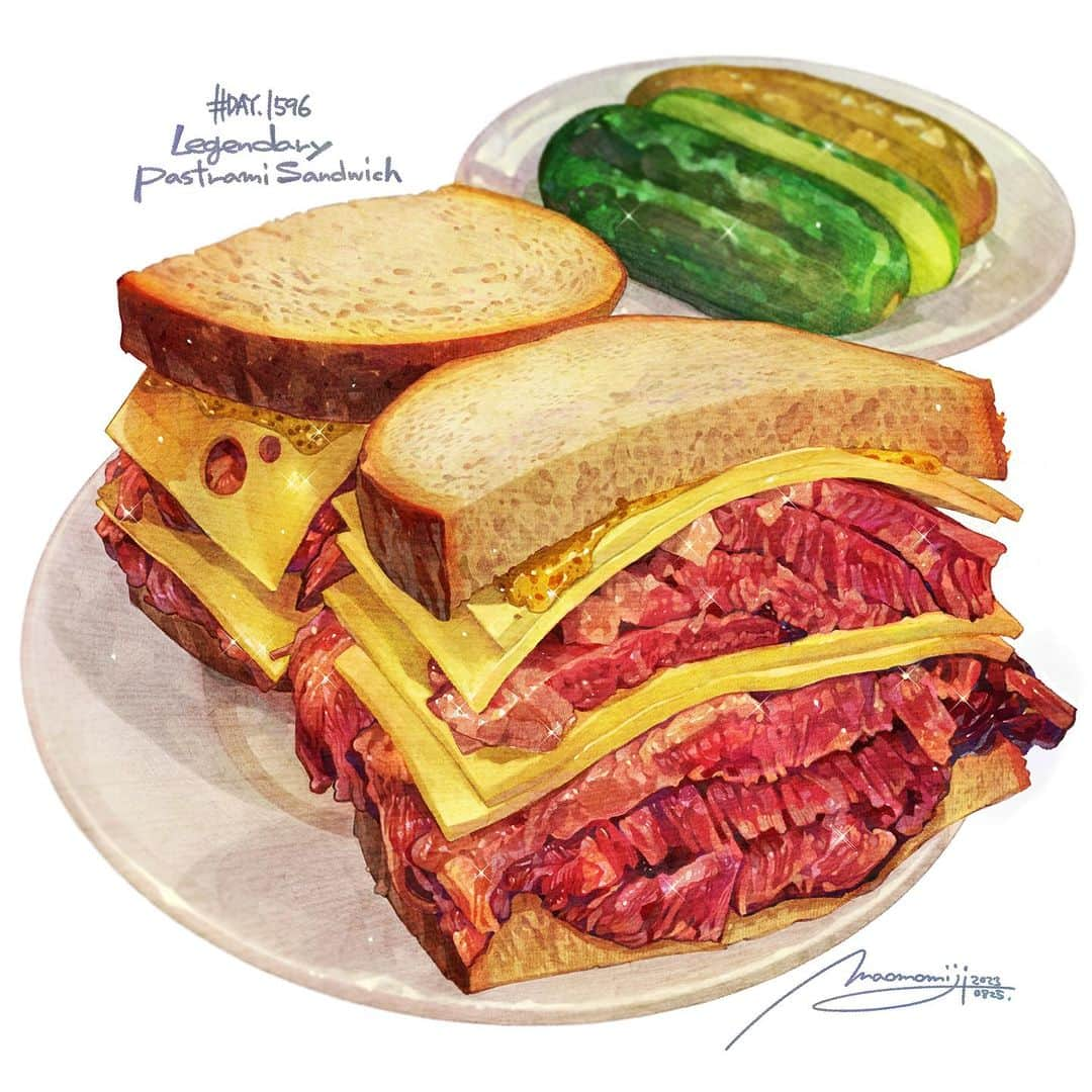 もみじ真魚のインスタグラム：「『#1596/「Legendary Pastrami Sandwich(3)」』  もみじ真魚/MaoMomiji 2023年8月26日 01:46  The delicious thing I wanted to paint. I was feeling really well today, so I painted this in one go! The model is a pastrami sandwich from Katz's Delicatessen, but I extended the expression based on the impression I had. I think I did my best to paint something that was delicious, and I am filled with a sense of fulfillment.  「私が描きたかった美味しいもの」 今日はすごく体調がよかったので、一気呵成に描き上げました！モデルはカッツデリカテッセンのパストラミサンドです、しかし私の食べた感動を踏まえて表現を拡張しました。美味しかったものを全力で描けたと思います、充実感でいっぱいです。  #日刊ごはんが好き #foodie #foodieart #dailyilovefood  #毎日更新 #foodillustration #fooddrawing #もみじ真魚 #maomomiji #飯テロ #美食 #pastrami #sandwich #katzdelicatessen」