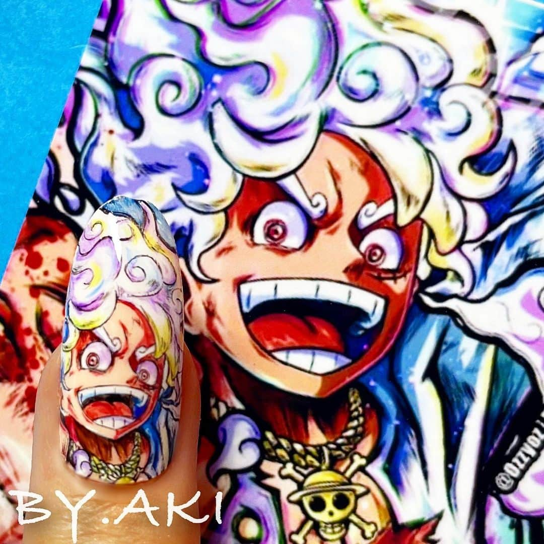 上野明子のインスタグラム：「ONE PIECE⚔️ニカルフィ👅  多分、キャラクターで1番描いてきたルフィ！  使用商材は👇👇👇👇👇 💅プロショップ　TAT @nailshoptat  💅誰でもショップ　@nailoid.by.aki  💅直接リンク　💻プロフィールURL  #onepiece #ワンピース  #onepiecered #ルフィ  #rufi  #red  #今期アニメ  @by.aki #anime#manga#NAIL#ジェルネイル#ネイル#福岡#福岡市#全てジェルネイル#手描きネイル#all.gel#痛ネイル#ネイリスト#キャラネイル#네일#gel甲#美甲#爪甲#नाखू」