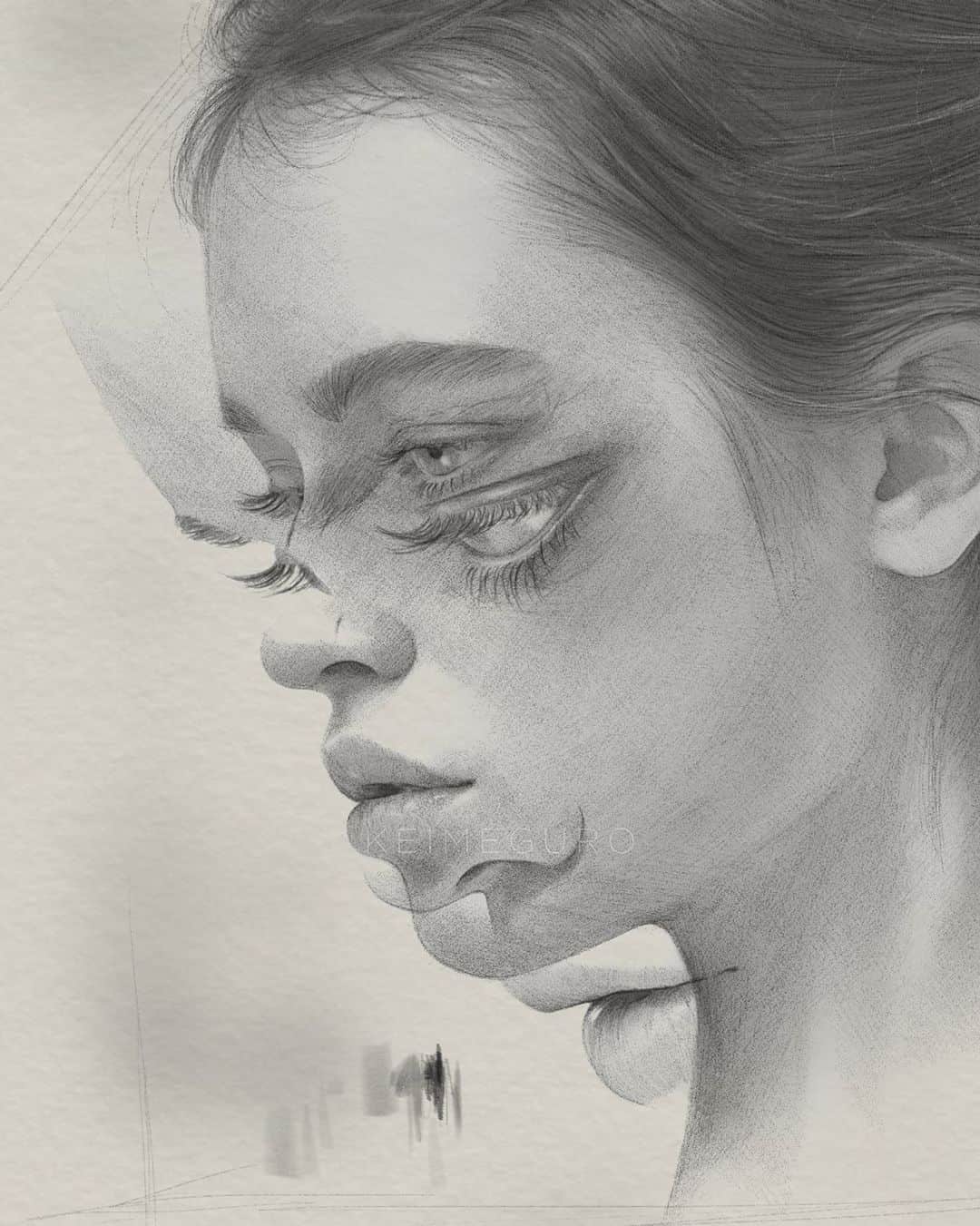 のインスタグラム：「When you’re there but not really 心ここにあらず  Pencil and graphite powder on watercolor paper / Scan and edited in @photoshop」