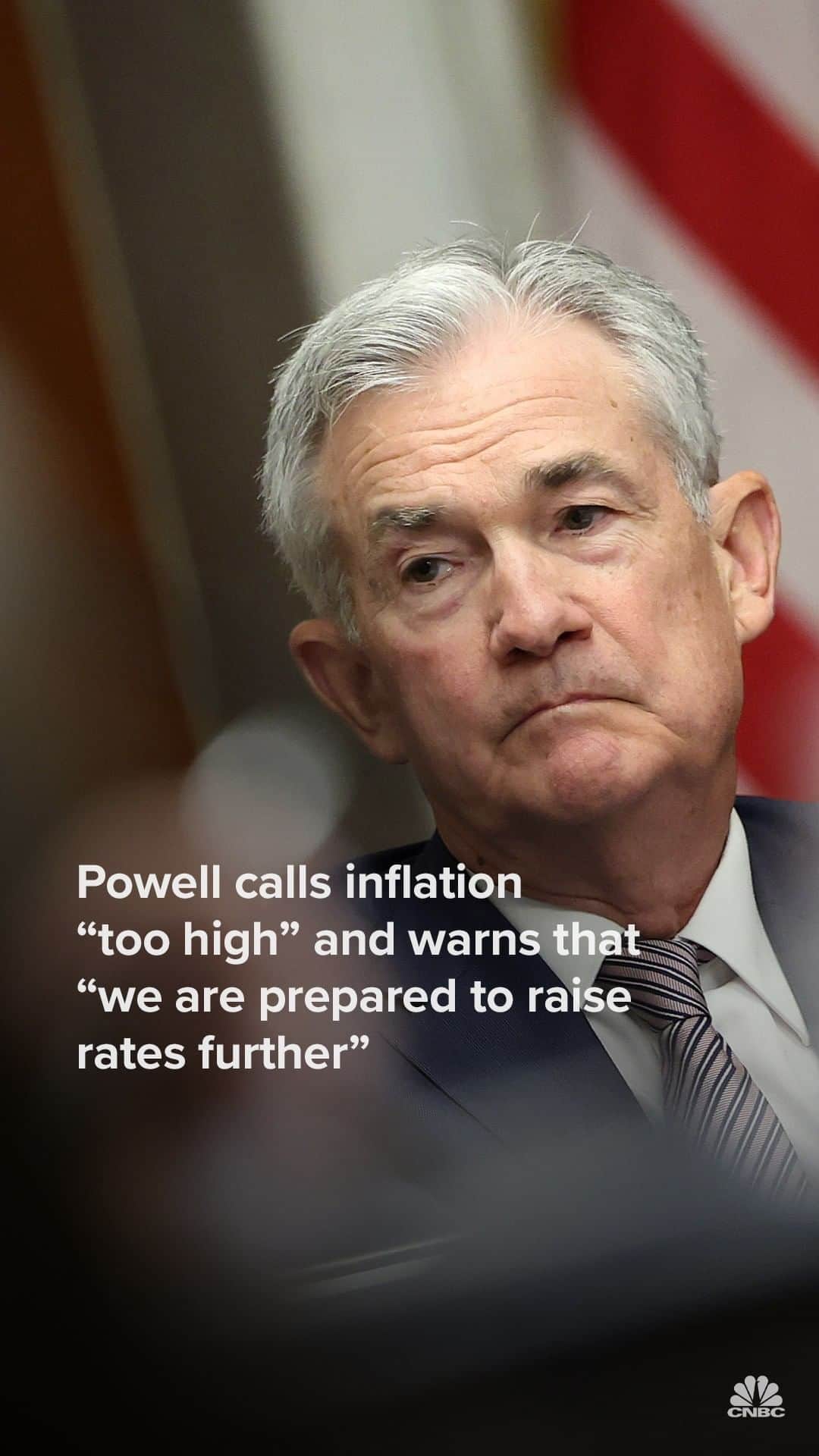 CNBCのインスタグラム：「Federal Reserve Chair Jerome Powell on Friday called for more vigilance in the fight against inflation, warning that additional interest rate increases could be yet to come.  While acknowledging that progress has been made, the central bank leader said inflation is still above where policymakers feel comfortable.   Full story: Link in bio.」