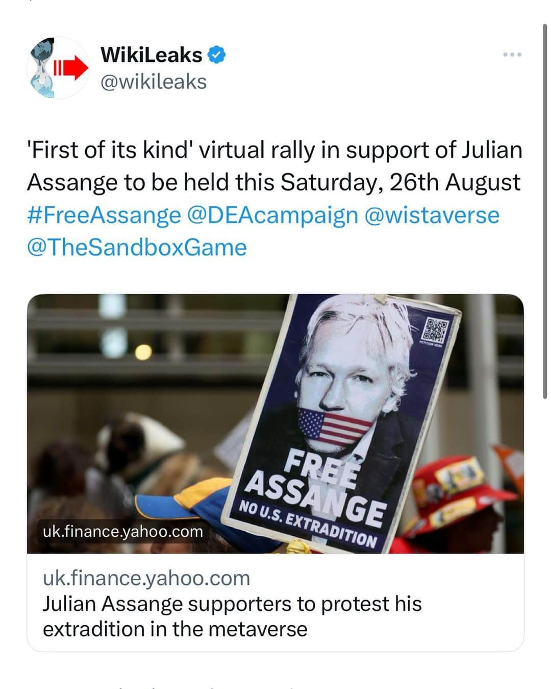 WikiLeaksのインスタグラム：「Important information for this Saturday’s #FreeAssange Rally. (Save this post and share)  Saturday 26th August 5pm (Make sure you’re logged in and ready to go prior to this)  Join the event here: shorturl.at/vHUY4 Please note, phones are not supported. You will only be able to access the event from a computer.  If you have never used @TheSandboxGame before, you’ll need to sign up and create an account. You can do this via a vpn and with a new email address for privacy.  A pop up will then open where you will be instructed to download and install the software “The Sandbox Game”.  Once you’ve installed the software, you’re ready to go! You can then enter the event by clicking the “play” button.  Also, feel free to create your own avatar so that you can join the metaverse as your own digital self!  We look forward to seeing you there!」