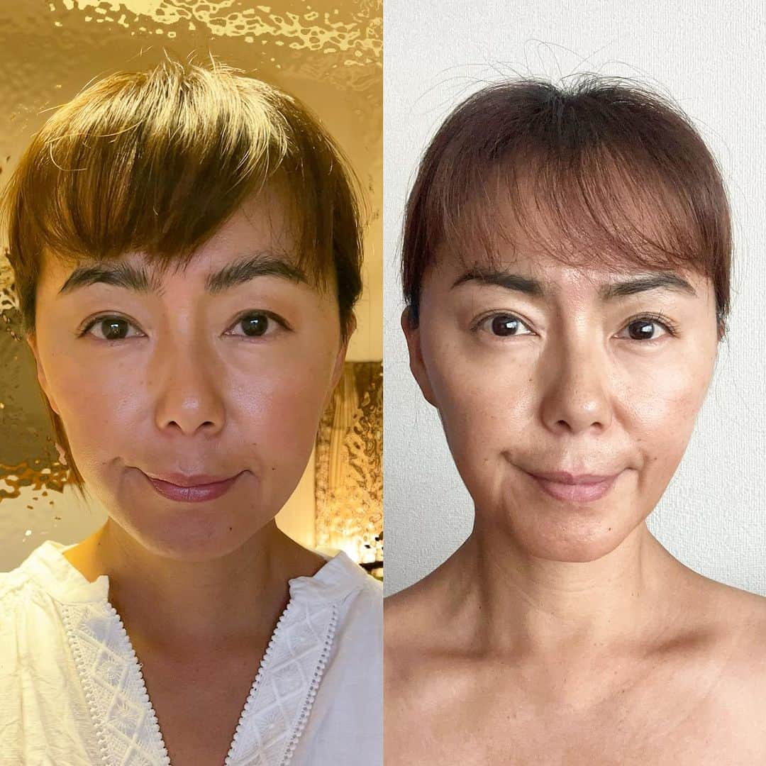 田中律子さんのインスタグラム写真 - (田中律子Instagram)「エステプロラボ　@estheprolabo_official   セルフケア用のGROTTY R☝️ 3ヶ月試してみた、ビフォーアフターです🫣左やる前、右3ヶ月後w  全体的にたるんでいたフェイスラインが…分かります⁉️ 口元の横の幅とか違うw 横顔もだいぶ変化出てるーーー🫢 横顔のフェイスラインの違いもだし、ほっぺの盛り上がりとか、ほうれい線のとことか、口元のたるみよ‼️ひゃー😱左側の顔の方が変化すごいなぁー🤣 こうやって、やるのと、やらないまんまでいるのと…って考えると、何もしないでいたら…どんどんたるんでくし、顔がボケてゆくーーー😓娘っ子に、ママ、顔の余白が少なくなったー❗️って😂  お家でたった3ヶ月セルフケアするだけで、この違いよ‼️  やっぱり、自分と向き合ったり、時間をかけてお手入れして労ってあげたり、あ、でも、これは3日に1回くらい15分しかやってない🤭1週間やってない日もあった😑しかも、ただ、肌にあてるだけ🙌この時間を作れるか作れないかで、5年後の変化もすごいんだろうな😑あんまりお手入れしてあげてない私に、反省して…これからは、ご褒美タイムをたくさんとっていこうと心に誓いました🙏🏼  なかなかのアップ写真📷で失礼しました😭しかし、顔の余白って…どんな表現よ、娘よ。  #estheprolabo  #エステプロラボ  #ブランドアンバサダー #grotty  #grottyr  #セルフケア  #やるかやらないか  #自分次第で未来は変わる  #更年期  #自分を大切に  #変化  #変化を楽しむ  #アフターはノーメイク」8月26日 10時10分 - ri2kotanaka