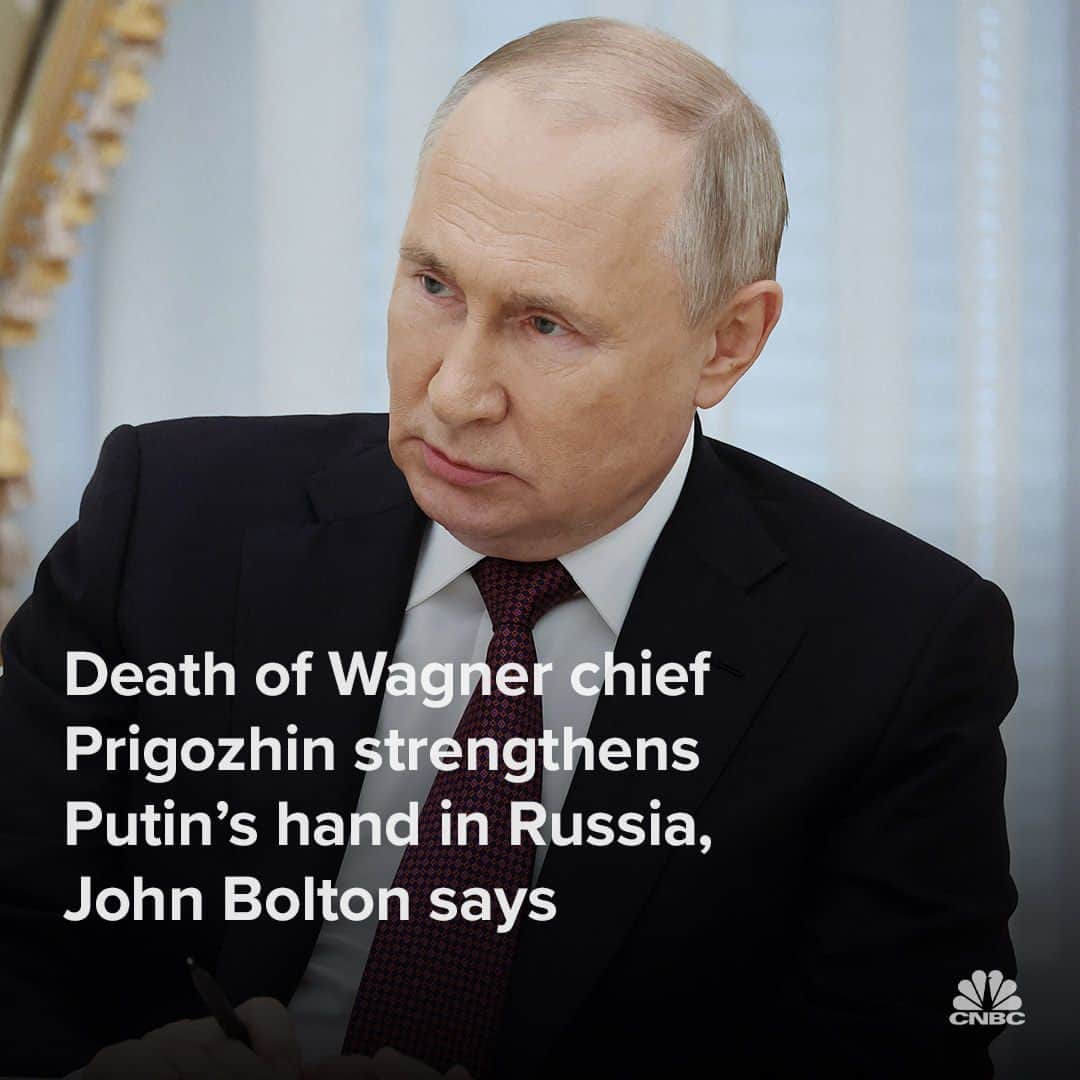 CNBCのインスタグラム：「The apparent death of Yevgeny Prigozhin, the leader of Russia’s private mercenary firm Wagner group, likely gives Russian President Vladimir Putin a tighter grip on his country, a former U.S. national security advisor told CNBC.  “I’d never bought the argument that the mutiny two months ago was a real direct threat to Putin — I think his position was weakened, but now I think it’s stronger,” said John Bolton, who served as national security advisor under the Trump administration, referencing the short-lived rebellion by Prigozhin and his Wagner contingent against the Russian government.  Several analysts looking at the situation in Russia at the time of the coup attempt saw the event as an embarrassing blow to Putin’s authority. Many also predicted that Prigozhin’s days were likely numbered.   Details on why Bolton thinks "we’re in for a perilous time ahead here" at the link in bio.」