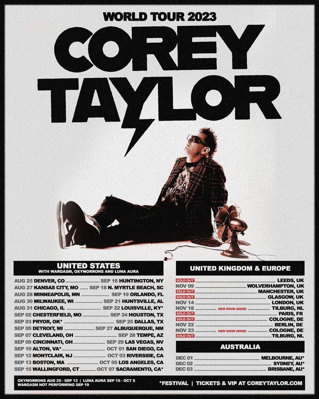 のインスタグラム：「And off we go. The CMF2 World Tour kicks off tonight in Denver! Playing songs from CMFT, Slipknot, Stone Sour, and more.   Get those tickets, and join me in your city: coreytaylor.com/tour」