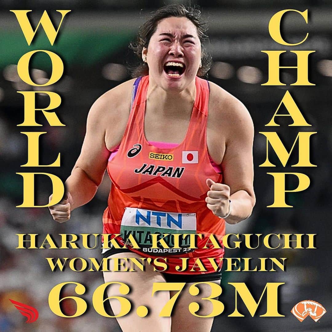 北口榛花のインスタグラム：「From Bronze last year, to Gold this year📈  Japan's Haruka Kitaguchi throws 66.73 meters to secure her first world title in the women's javelin! #wabudapest23   📸: Getty Images for World Athletics」