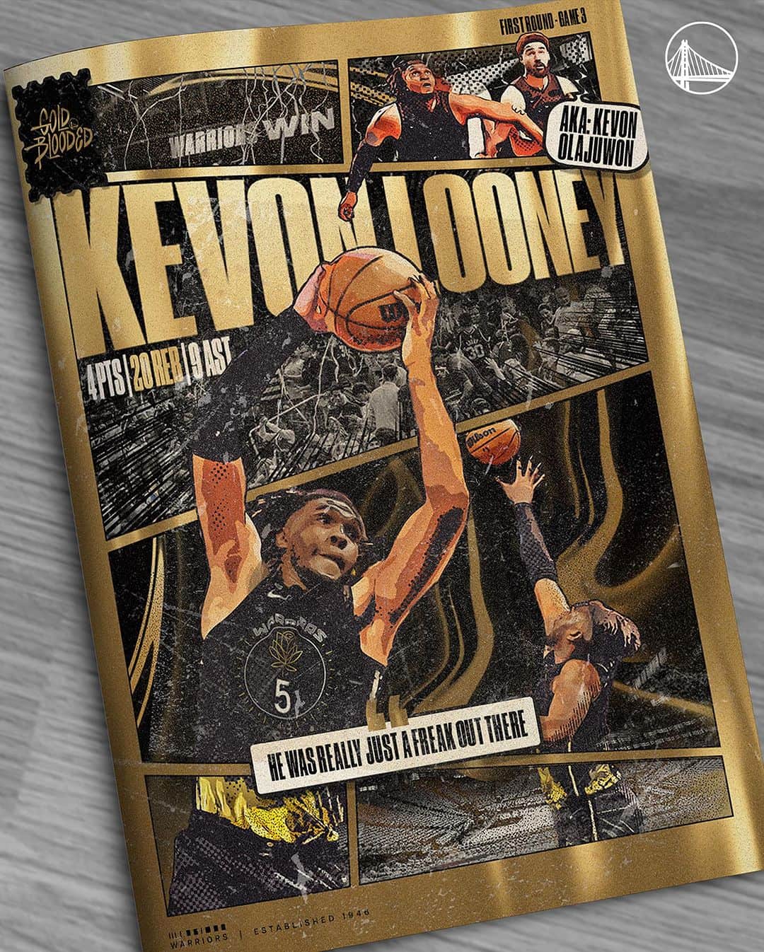 ゴールデンステート・ウォリアーズのインスタグラム：「2023. First Round. Game 3.   This was the beginning of Kevon Looney's transformation into Kevon Olajuwon during the Playoffs ⚡️」