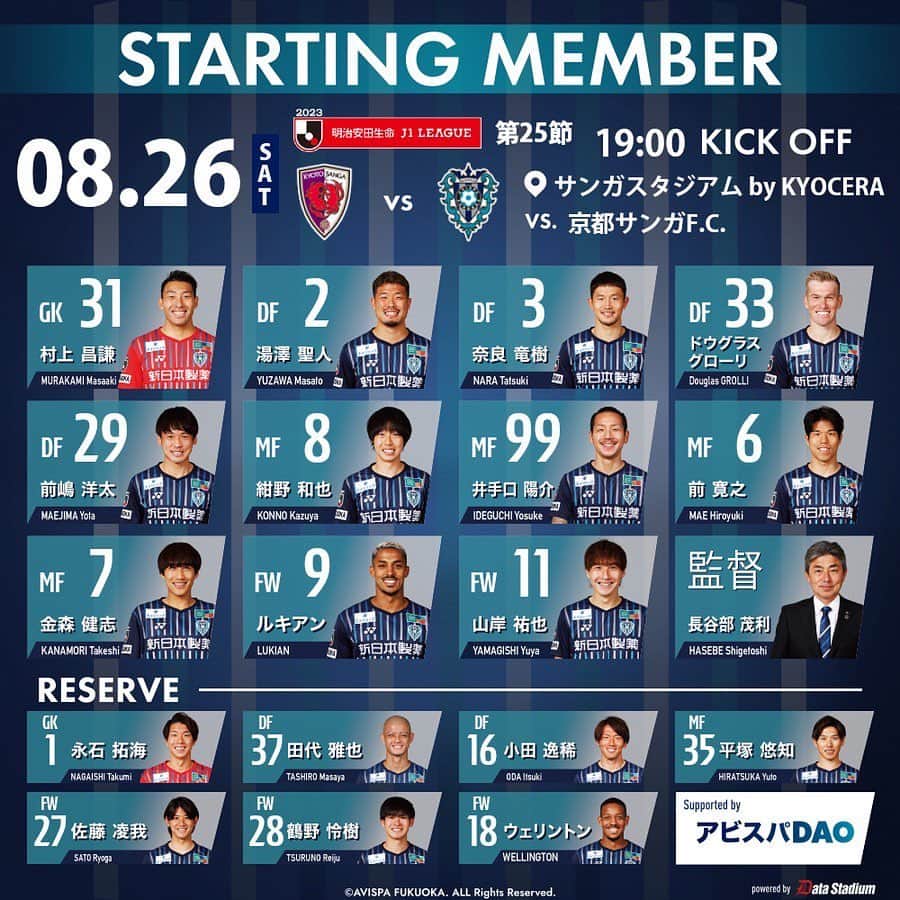 アビスパ福岡のインスタグラム：「🏆明治安田生命J1リーグ第25節🏆 #京都サンガFC 🆚 #アビスパ福岡 ⏰19:00KO 🏟#サンガS  本日のメンバーが発表されました🐝 熱い応援をよろしくお願いします‼️  #avispa」