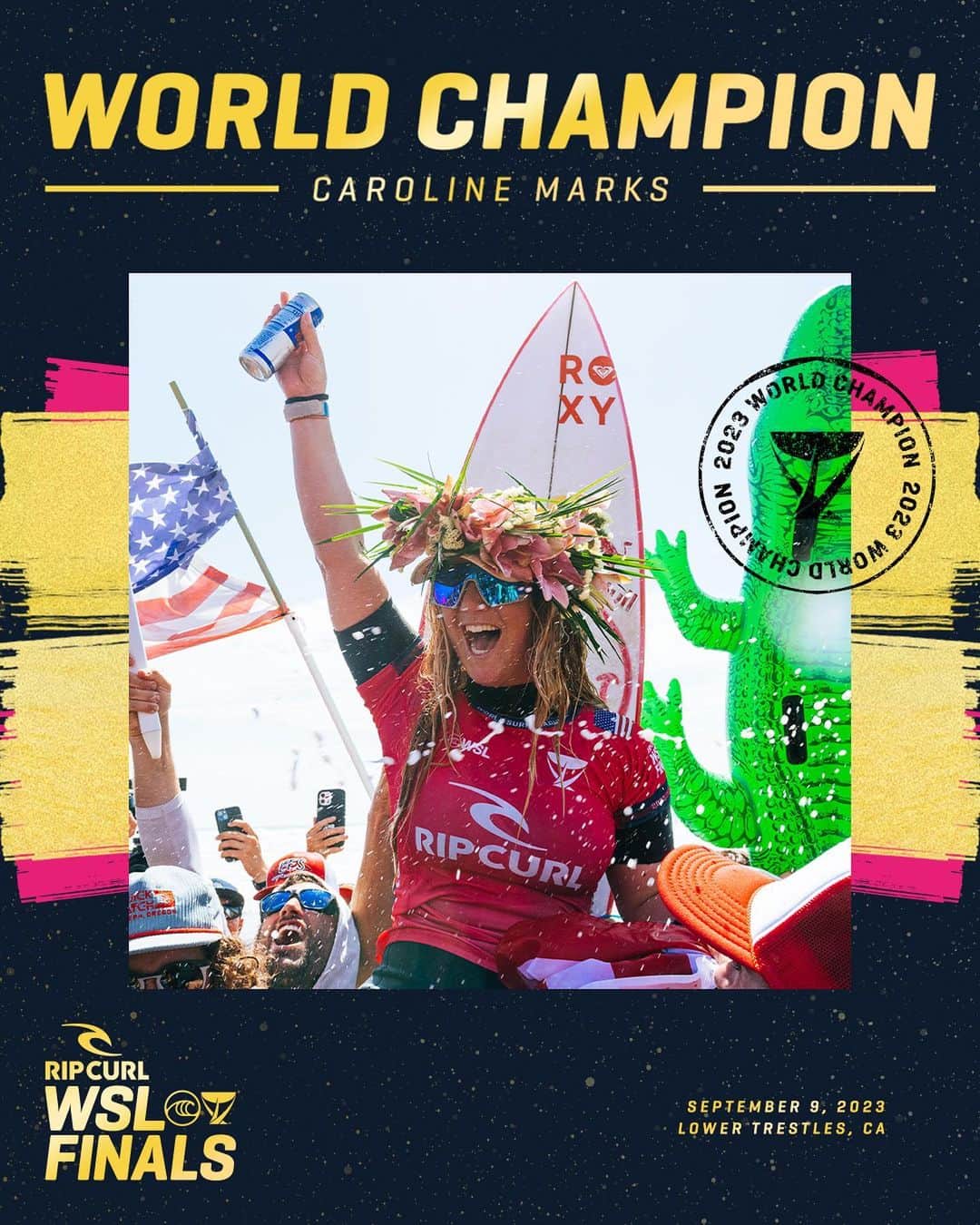 世界プロサーフィン連盟（WSL）のインスタグラム：「@caroline_markss is a WORLD CHAMPION. 🏆  Relive all the action from the #RipCurlWSLFinals now on worldsurfleague.com.  @ripcurl @ripcurl_women」
