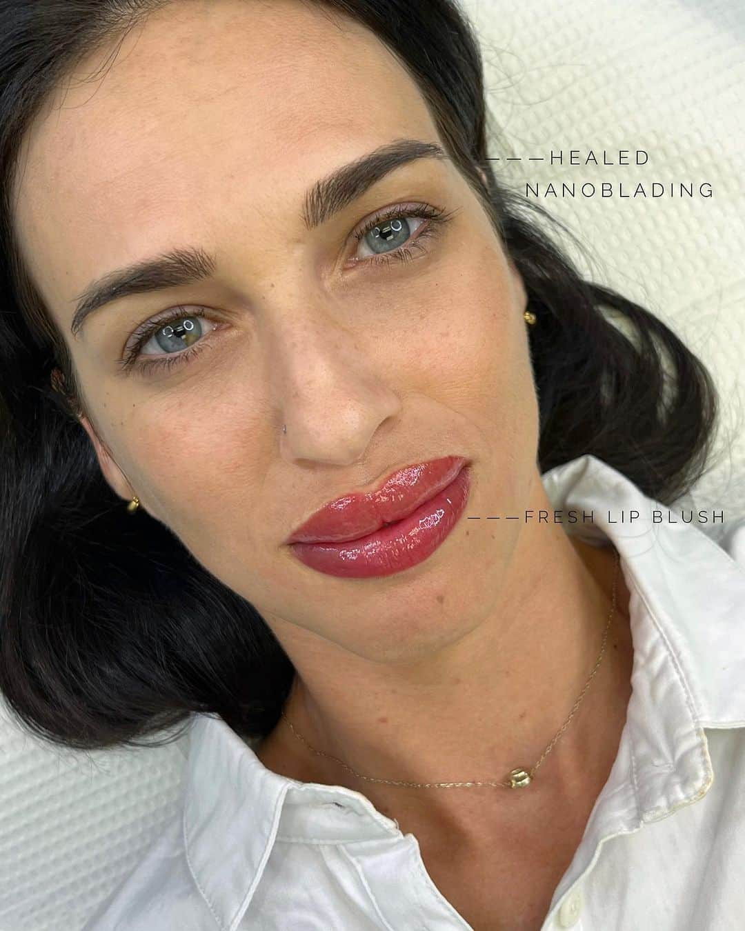 Haley Wightのインスタグラム：「Okay, how stunning is she?! Fresh Lip Blush done by me, and Healed Nanoblading before touchup done by @cosmobyhaley! Brows and Lips are my favorite combo👯‍♀️ Did you know if you get one service done by us and decide to book another, you receive $50 off? Make your life easier and get your brows and lips done ✨  Brows and Lips done @daelascottsdale 🌵 (lip color will fade 40-60% and swelling subsides within the first 24 hrs) #azlipblush#lipblushtattoo#healedmicroblading#healedtattoo#azpmu」