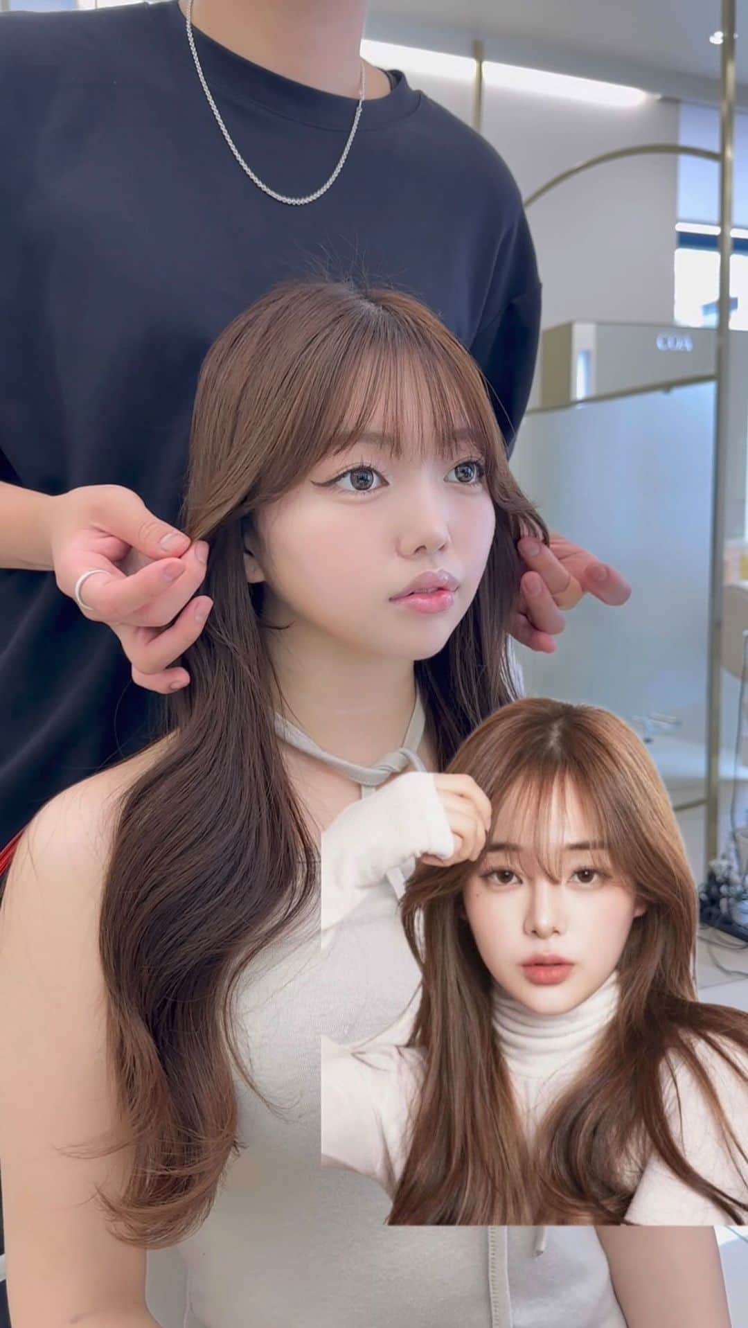 高橋英昇のインスタグラム：「オーダーの多い韓国顔周りです✂️ レイヤーカットやくびれヘアにも相性いいです❤︎ やオーダーの際に保存してお使いください✨ ˗˗˗˗˗˗˗˗˗˗˗˗˗˗˗˗˗˗˗˗˗˗˗˗˗˗˗˗˗˗˗˗˗˗˗˗˗˗ ⁡ ◌ @eisho_coa  ⁡ 前髪顔周りのどんな悩みも 是非ご相談下さい✨ ⁡ ☑︎流し前髪だけど要望と違う ☑︎前髪顔周りを切られすぎる ☑︎顔周りがなくて困っている ☑︎前髪が巻きづらく上手くいかない ☑︎変な毛がいつも前髪に出てくる ☑︎扱いづらくて困っている ☑︎おでこが狭くて悩んでいる ⁡ などなど 少しでも気になることは全てお聞かせ下さい✨ メモ持ってきても大丈夫です📝 ⁡ ˗˗˗˗˗˗˗˗˗˗˗˗˗˗˗˗˗˗˗˗˗˗˗˗˗˗˗˗˗˗˗˗˗˗˗˗˗˗ ⁡ ⁡ ◌ 料金 ◌ ・カット ¥8800 ・カット 𓂃 トリートメント ¥12100 ・カット 𓂃 カラー ¥17600 ・カット 𓂃 カラー 𓂃 トリートメント ¥22000 ⁡ ※初回のみ指名料+¥3300かかります。 2回目以降は指名料無料です。 ⁡ ⁡ 𓂃 よくあるご質問 𓂃 ⁡ ⁡ Q . 予約はどうしたらいいですか？ ⁡ ✎ プロフィールのURLからお待ちしております✨ ⁡ ⁡ Q . 場所はどちらですか？ ⁡ ✎ 東京都中央区銀座6-13-9 GIRAC GINZA 7F 【銀座駅5分、東銀座駅から徒歩3分】 ⁡ ⁡ Q . 投稿に可愛い子しか載っていないですが、 私が行っても大丈夫ですか？ ⁡ ✎もちろん大丈夫です。 僕のお客様は【3歳〜74歳】の 子連れ様から老若男女幅広いの方が ご来店してくださっております。 女性は必ず可愛くします！ 実は男性のカットも得意です。 最近ご紹介もかなり多いです✨ ⁡ Q . どんな美容師？ ⁡ ✎ お話するのが好きです✨ ただ施術中は技術に没頭する時があり その時はあまり話さなくなります✂︎ ⁡ Q . カウンセリングはしっかりしてもらえますか？ ⁡ ✎もちろんです！ 前髪顔周りの生え際、癖毛、割れめ、こめかみ、 頬骨、えら、丸顔、面長、りんかく などのお悩みもしっかりカウンセリングさせて頂いてから 施術に入らせて頂きますのでご安心ください✨ ⁡ ⁡ カットは【前髪】【ロングレイヤー】 が好きですが、 ミディアム、ボブ、ショート、 メンズカットも好きです。 巻きも得意なので、 知りたい方はなんでもお伝えします✨ ⁡ カラーはブリーチなしのワンカラーで 【艶感】【透明感】【くすみ感】が出るように 300種類以上の中から 独自の配合で調合しております。 ⁡ ストレートはダメージを最小限で抑えられるように かなりこだわっています！ 微アルカリ〜弱酸領域の範囲で施術するので 基本的に【ヘアカラー】と同時施術が可能です✨ ⁡ トリートメントはできるだけ長持ちできるように 【手触り】【質感】にこだわっています！ あとはアウトバスのヘアケアも重要なので 興味ある方はしっかり説明しています✨ ⁡ パーマは最近持ちの良いデジタルパーマが好きです。 熱処理する事で普通のパーマより持ちが良くなります。 僕の使う薬剤は基本的にダメージを最小限でかけるので コテを使って巻いても大丈夫です。 巻かなくても普段のスタイリングはかなり楽になります✨ ⁡ #銀座　#千葉　#前髪カット　#顔周りカット　#小顔カット　#おくれ毛カット　#顔周り　#前髪　#シースルーバング　#かきあげ前髪　#小顔に見える顔周り #小顔カット #似合わせカット　#おくれ毛　#前髪顔周り似合わせ」