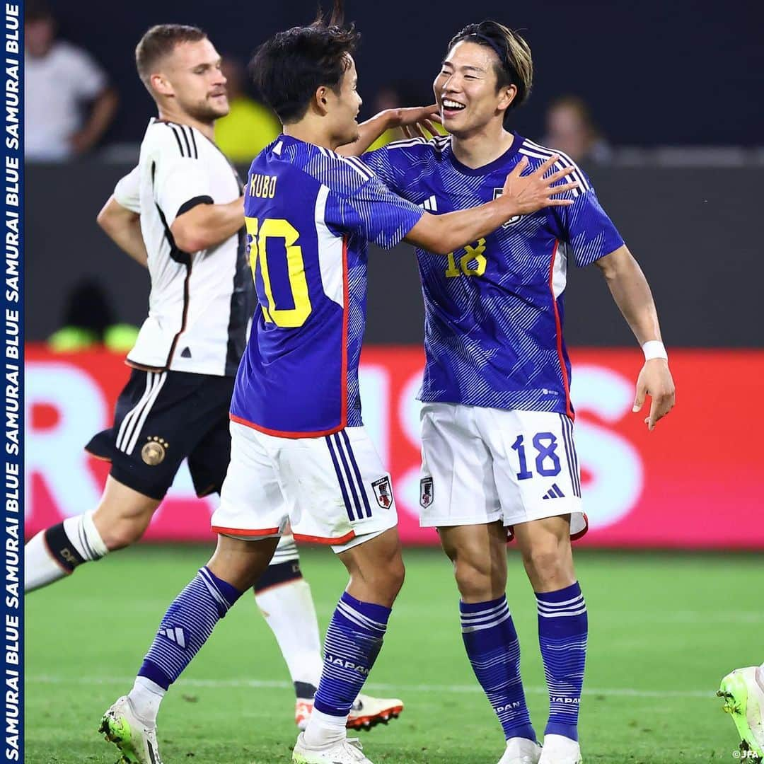 日本サッカー協会さんのインスタグラム写真 - (日本サッカー協会Instagram)「. 【2023.9.10 Photo Report④📸】  🏆国際親善試合 🇩🇪ドイツ代表 1-4 SAMURAI BLUE🇯🇵 ⌚️3:45(🇯🇵) 🏟️フォルクスワーゲン・アレーナ(ドイツ)  12 #大迫敬介(GK) 2 #菅原由勢 4 #板倉滉 5 #守田英正 6 #遠藤航(C) 7 #三笘薫 8 #鎌田大地 9 #上田綺世 14 #伊東純也 16 #冨安健洋 21 #伊藤洋輝  𝐒𝐔𝐁🔄 1 #中村航輔(GK) 23 #シュミット・ダニエル(GK) 3 #谷口彰悟 10 #堂安律 11 #古橋亨梧 13 #中村敬斗 15 #伊藤敦樹 17 #田中碧 18 #浅野拓磨 19 #橋岡大樹 20 #久保建英 22 #町田浩樹 24 #森下龍矢 25 #前田大然 26 #毎熊晟矢  監督 #森保一  #夢への勇気を #SAMURAIBLUE」9月10日 12時35分 - japanfootballassociation