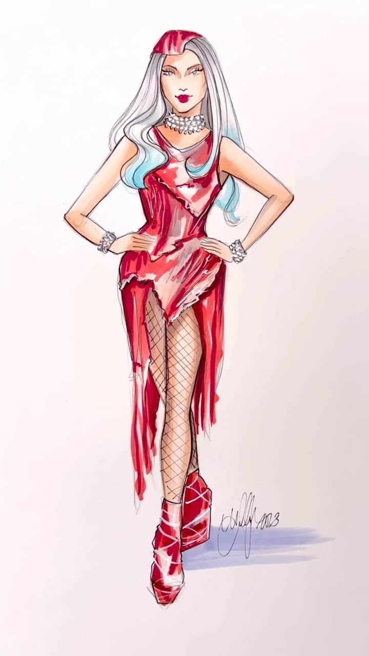 Holly Nicholsのインスタグラム：「Lady Gaga’s Infamous Meat Dress 😂💕 #ladygaga #asmr #fashionillustration #oddlysatisfying #copic」